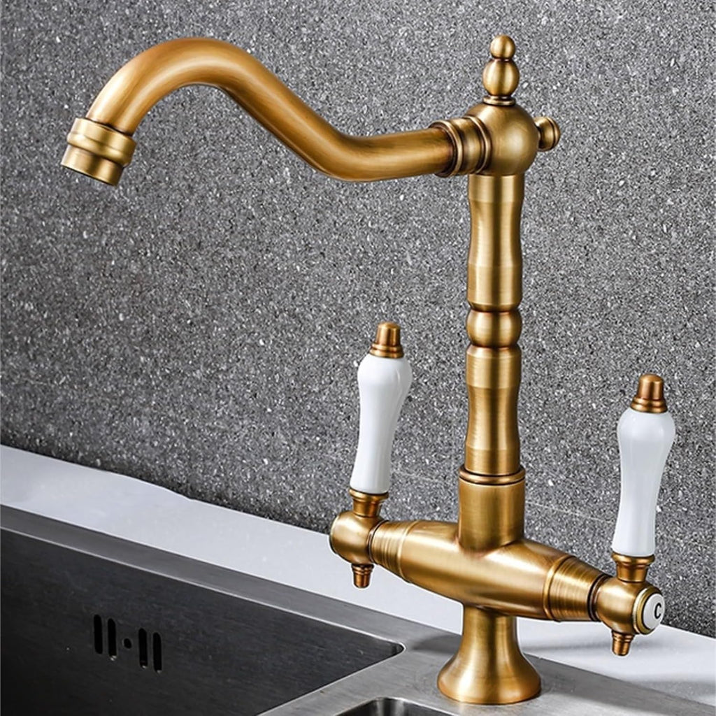All Copper Retro European Kitchen Faucet Double Handle Hot and Cold Rotating Faucet(Antique)