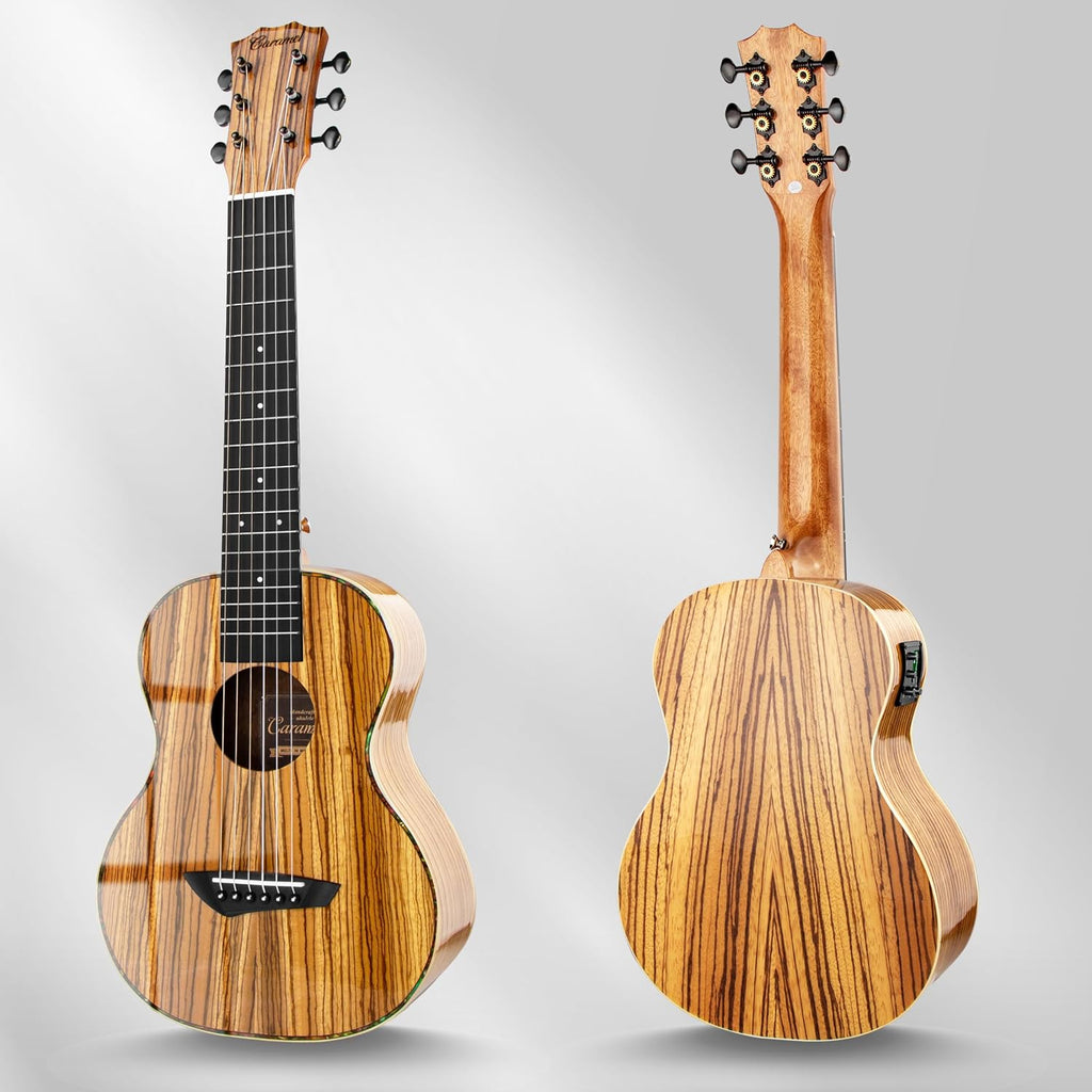 Caramel 6 String CB103G 30 Inch High Gloss Zebra Wood Acoustic & Electric Ukulele Guitalele with Truss Rod with Padded Gig Bag, Strap