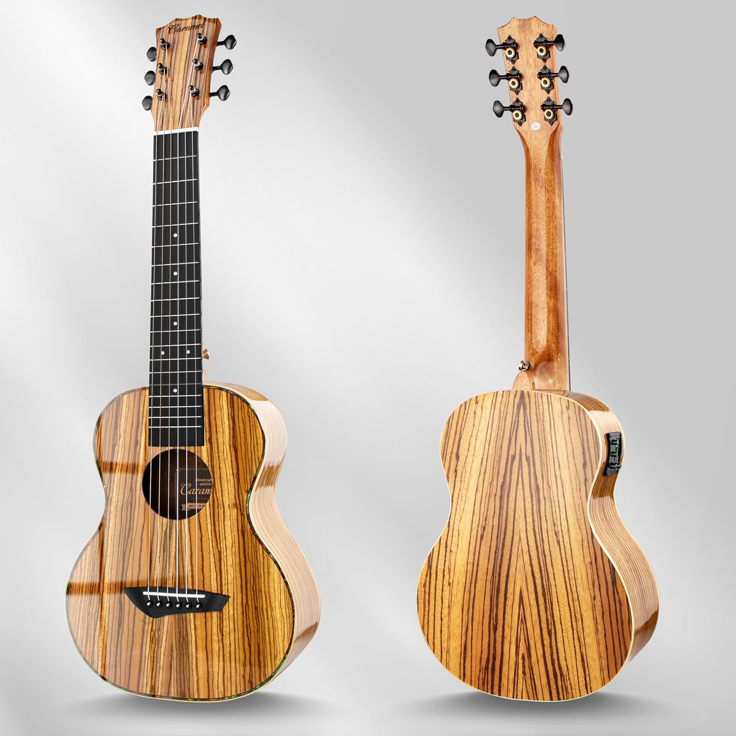 Caramel 6 String CB103G 30 Inch High Gloss Zebra Wood Acoustic & Electric Ukulele Guitalele with Truss Rod with Padded Gig Bag, Strap