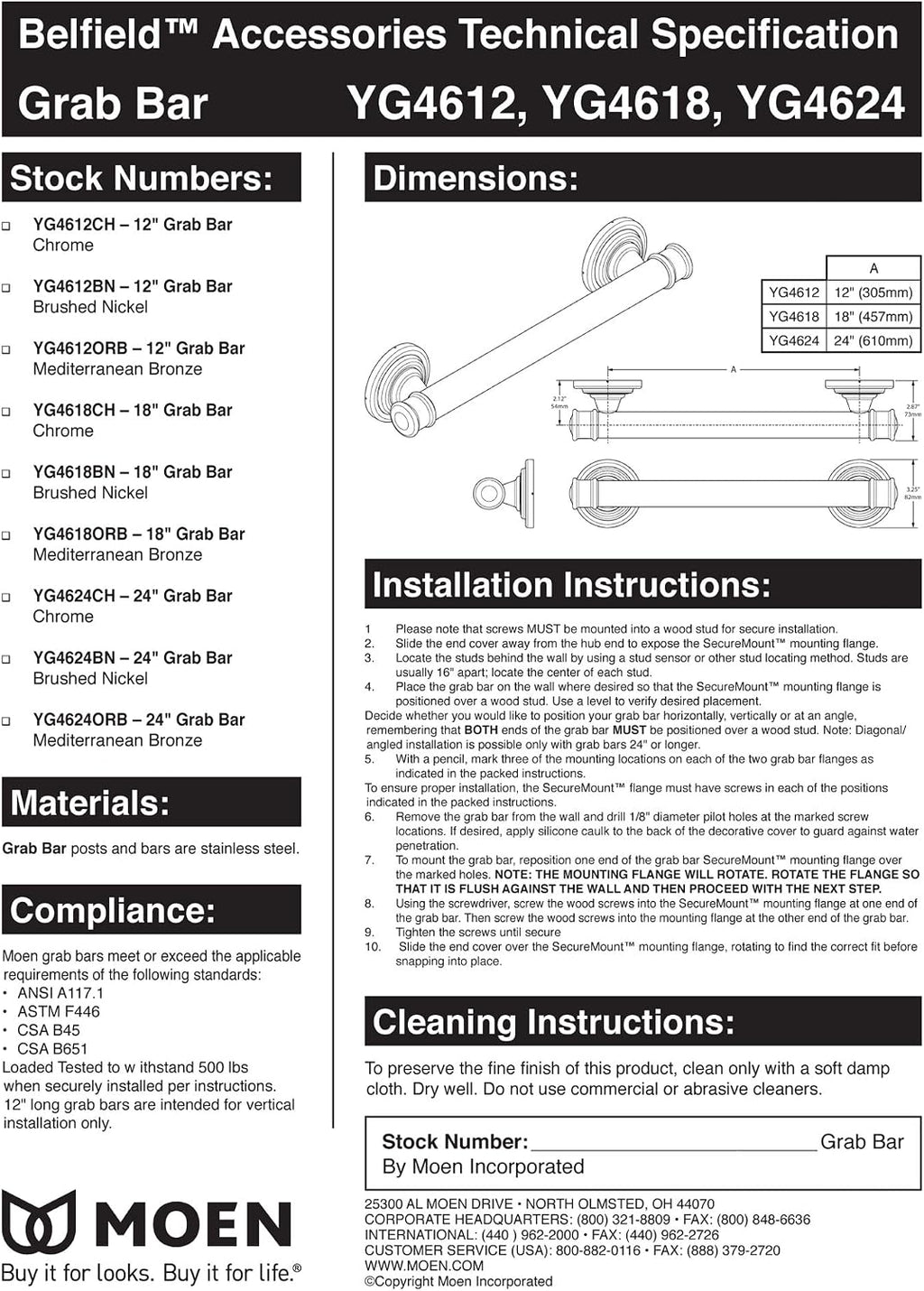 Moen YG6412BL Bathroom Safety 12-Inch Stainless Steel Traditional Bathroom Grab Bar