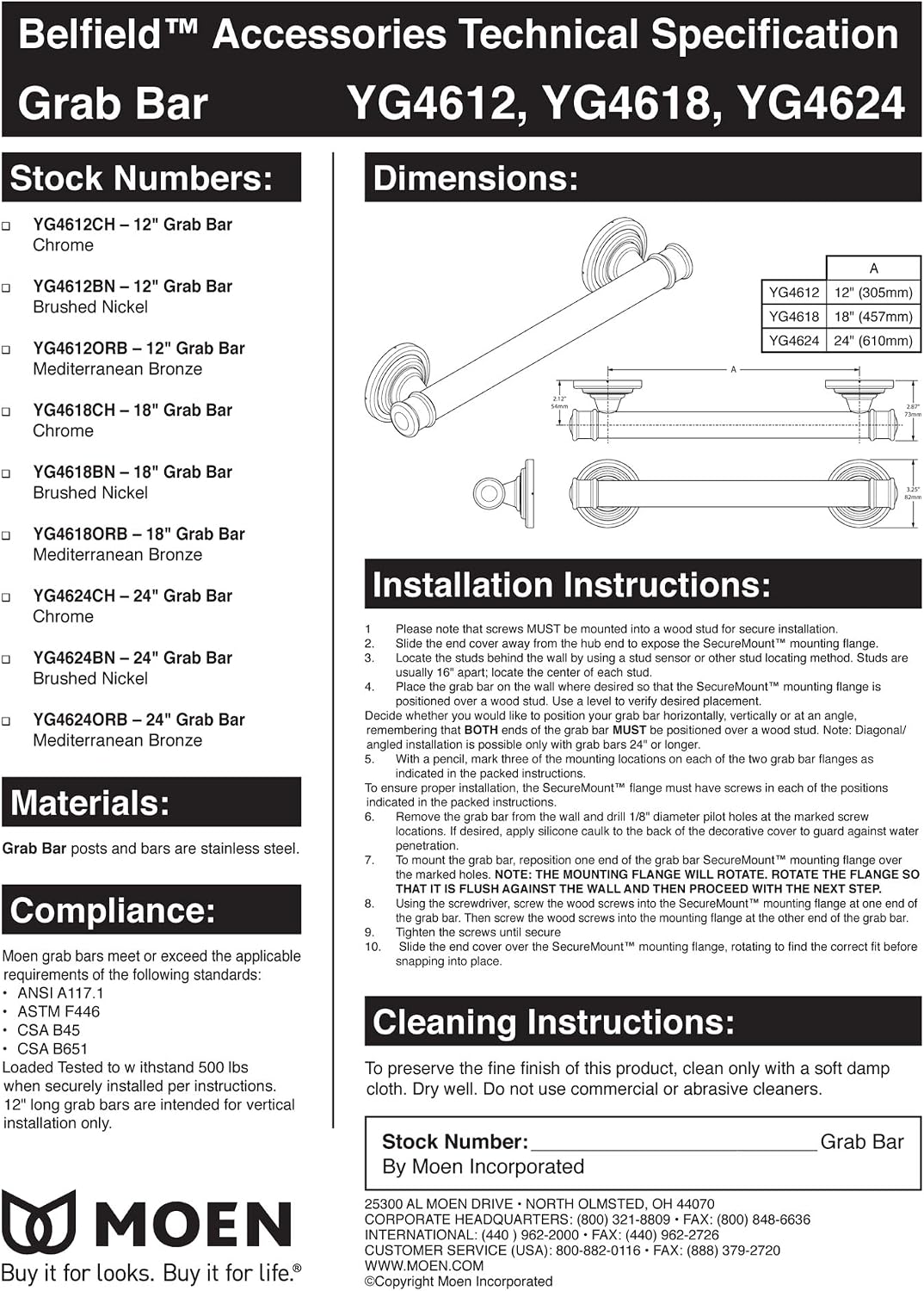 Moen YG6412BL Bathroom Safety 12-Inch Stainless Steel Traditional Bathroom Grab Bar