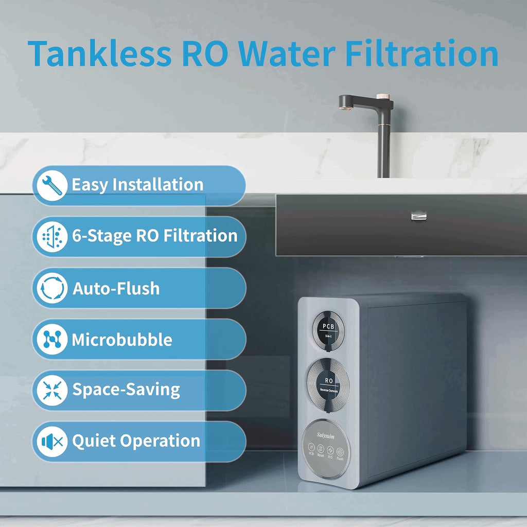 Suiysuim 800 GPD Tankless Reverse Osmosis System, 6-Stage Under Sink RO Water Filtration System, NSF/ANSI 58&42&61 Certified, Dual Outlet for RO and Microbubble Water, 2:1 Pure to Drain, N2-S