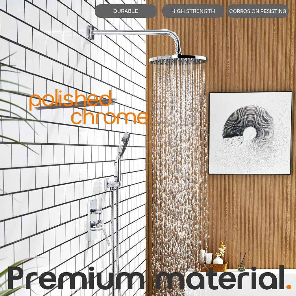 Shower System Set Includes 10-Inch Rainfall Shower Head, 3-Setting Handheld Spray and Pressure Balance Valve, Polished Chrome Wall Mounted SF001CH-D10