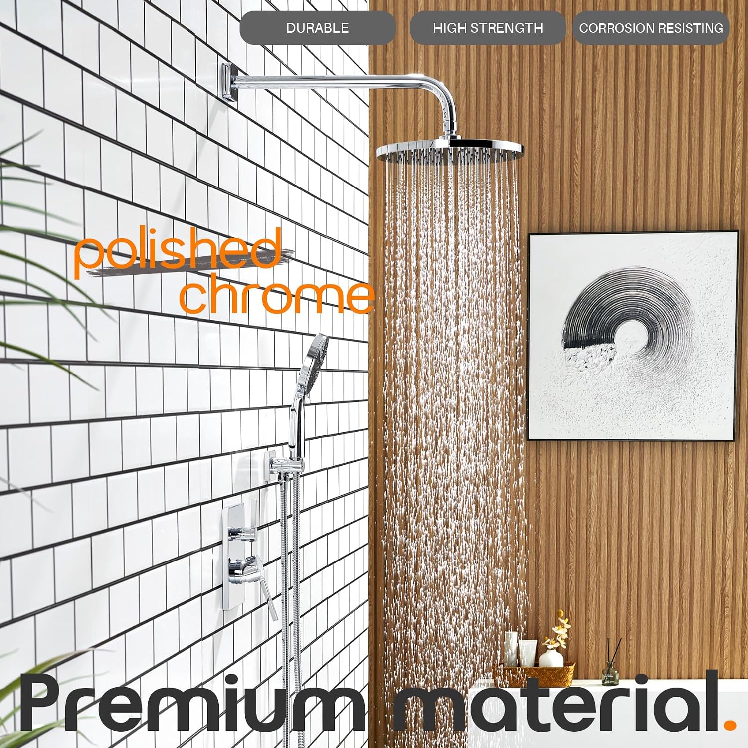 Shower System Set Includes 10-Inch Rainfall Shower Head, 3-Setting Handheld Spray and Pressure Balance Valve, Polished Chrome Wall Mounted SF001CH-D10