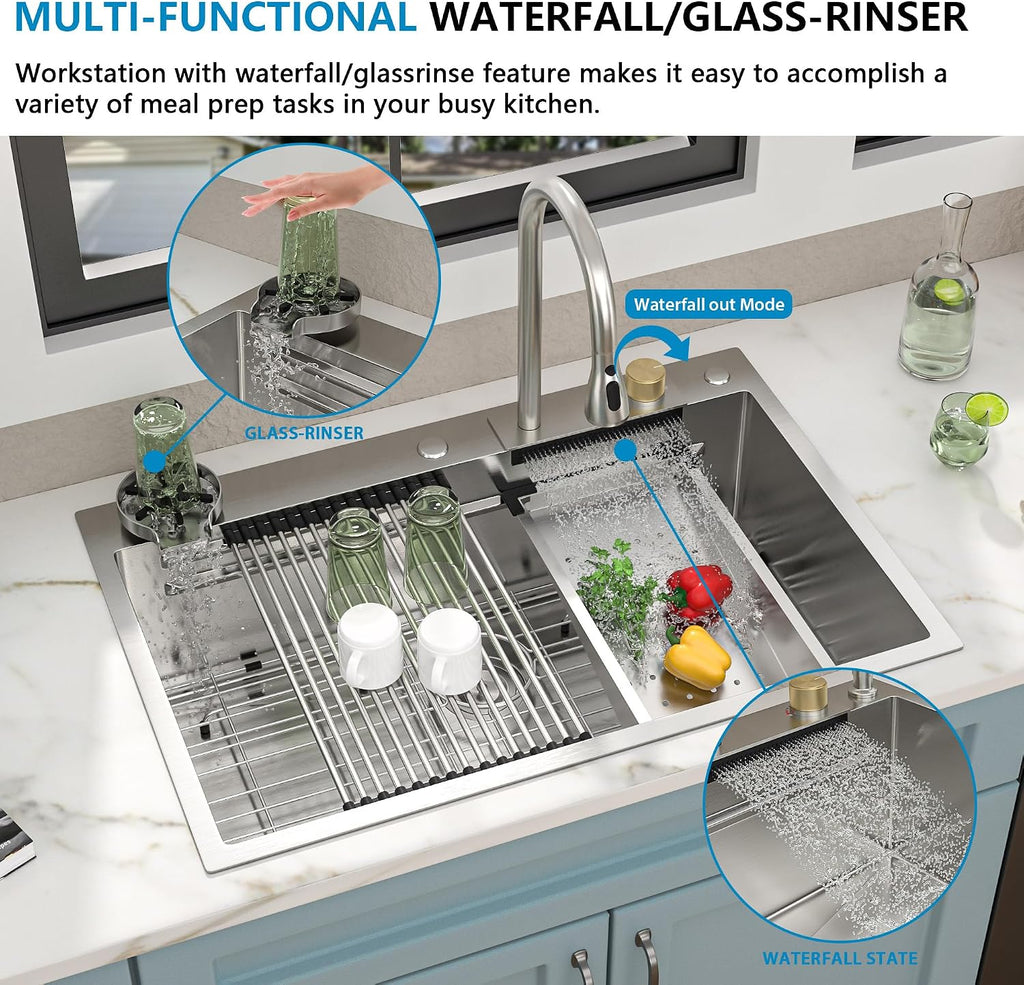 33'x22' Drop In Waterfall Kitchen Sink - 16 Gauge 304 Stainless Steel Top Mount Multifunctional Single Bowl Smart Workstation Waterfall Sink with Faucet Combo, Glass Rinser
