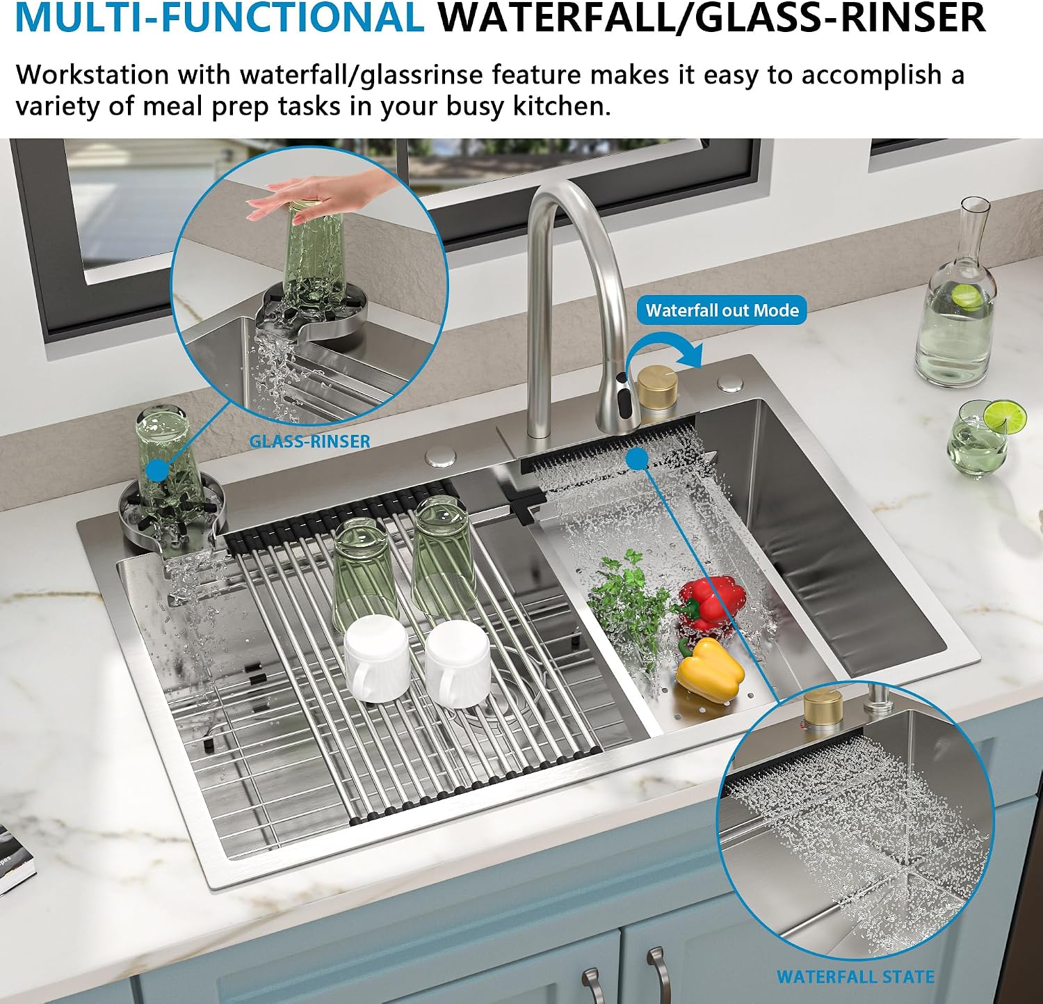 33'x22' Drop In Waterfall Kitchen Sink - 16 Gauge 304 Stainless Steel Top Mount Multifunctional Single Bowl Smart Workstation Waterfall Sink with Faucet Combo, Glass Rinser