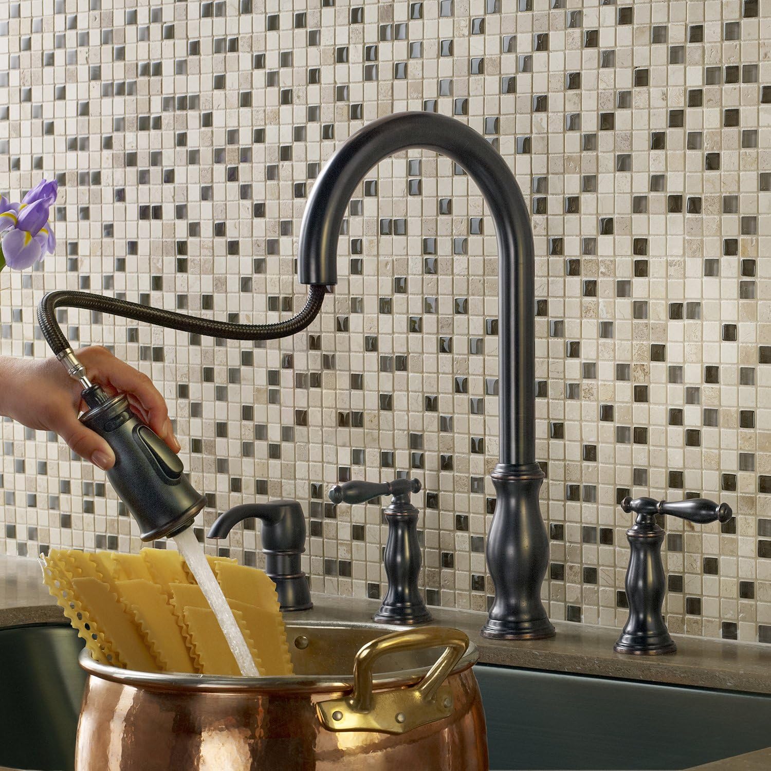 Pfister Hanover Kitchen Sink Faucet with Pull Down Sprayer and Soap Dispenser, 2-Handle High Arc Design, 4-Hole Installation, Tuscan Bronze Finish for Kitchen Sink F5314HNY
