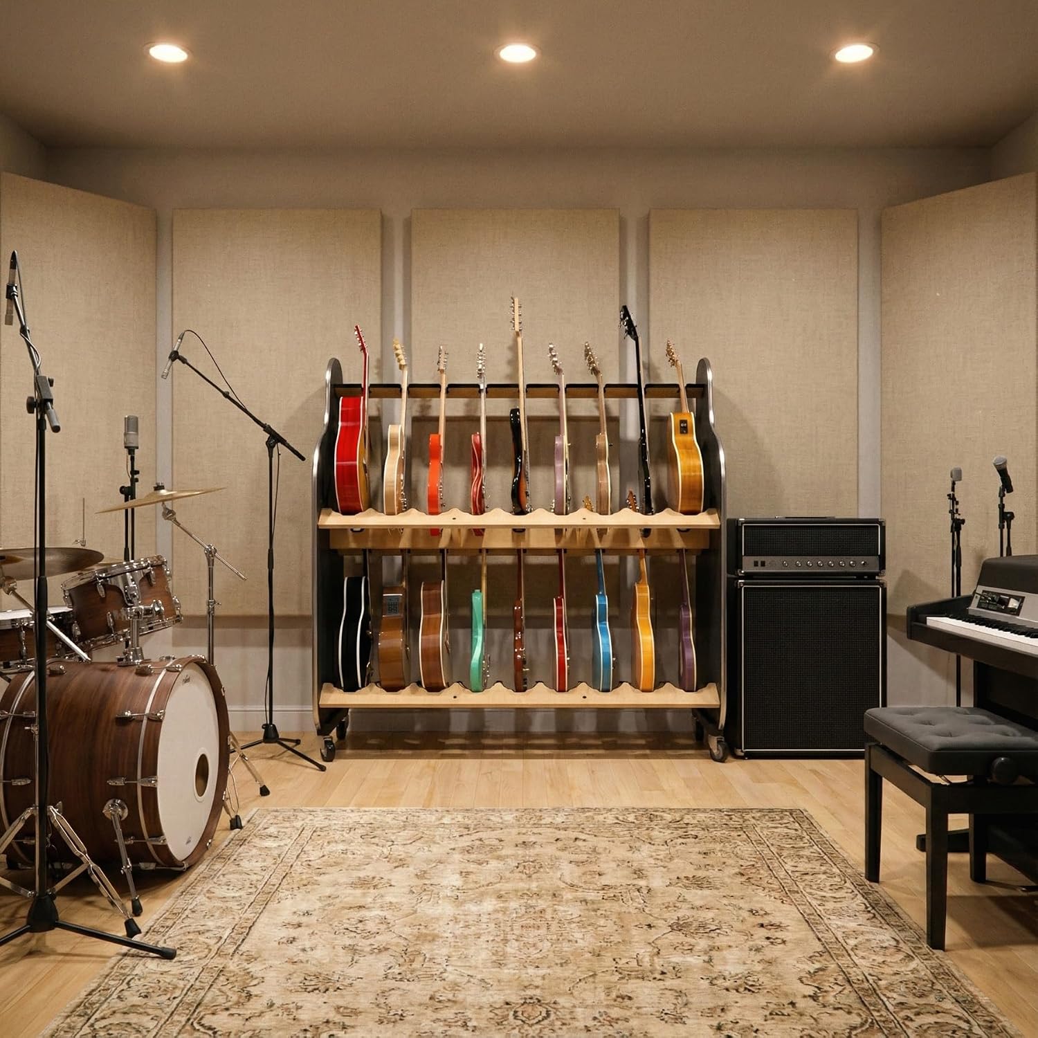 A&S Crafted Products Double-Stack 2-Tier Electric Guitar Rack - The Session-Pro | With Heavy-Duty Wheels and Holds 18 Instruments | Made in U.S.A.