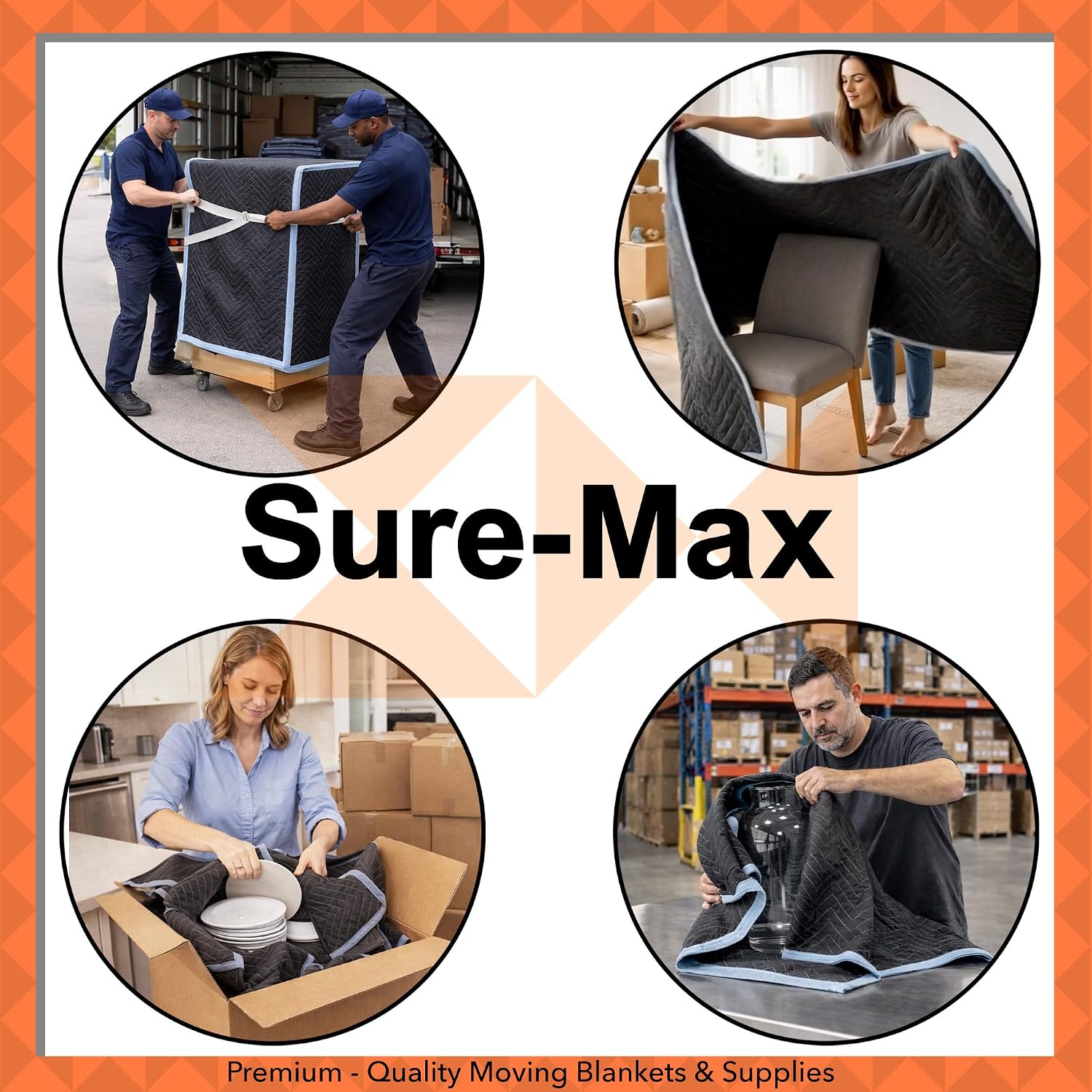 Sure-Max 12 Heavy-Duty Moving & Packing Blankets - Ultra Thick Pro - 80' x 72' (65 lb/dz weight) - Professional Quilted Shipping Furniture Pads Black