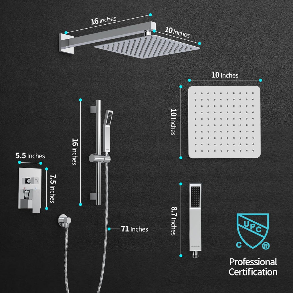 SR SUN RISE 10 Inch Square Shower Faucet, Adjustable 16-Inch Slide Bar Hand Held Shower with Hose, Square Rain Shower Head and Handheld Spray Included Valve and Shower Trim Kit, Polished Chrome
