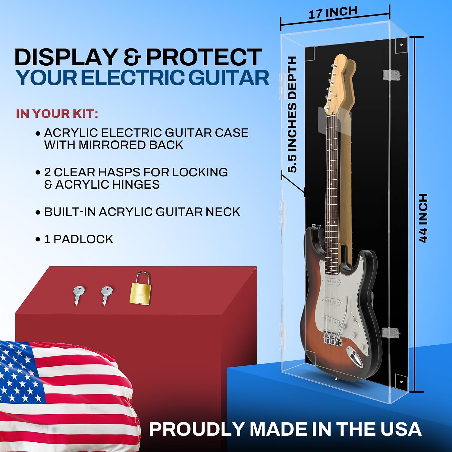PENNZONI Electric Guitar Display Case - Fully Acrylic Case with Black Back - Horizontal Wall Mount