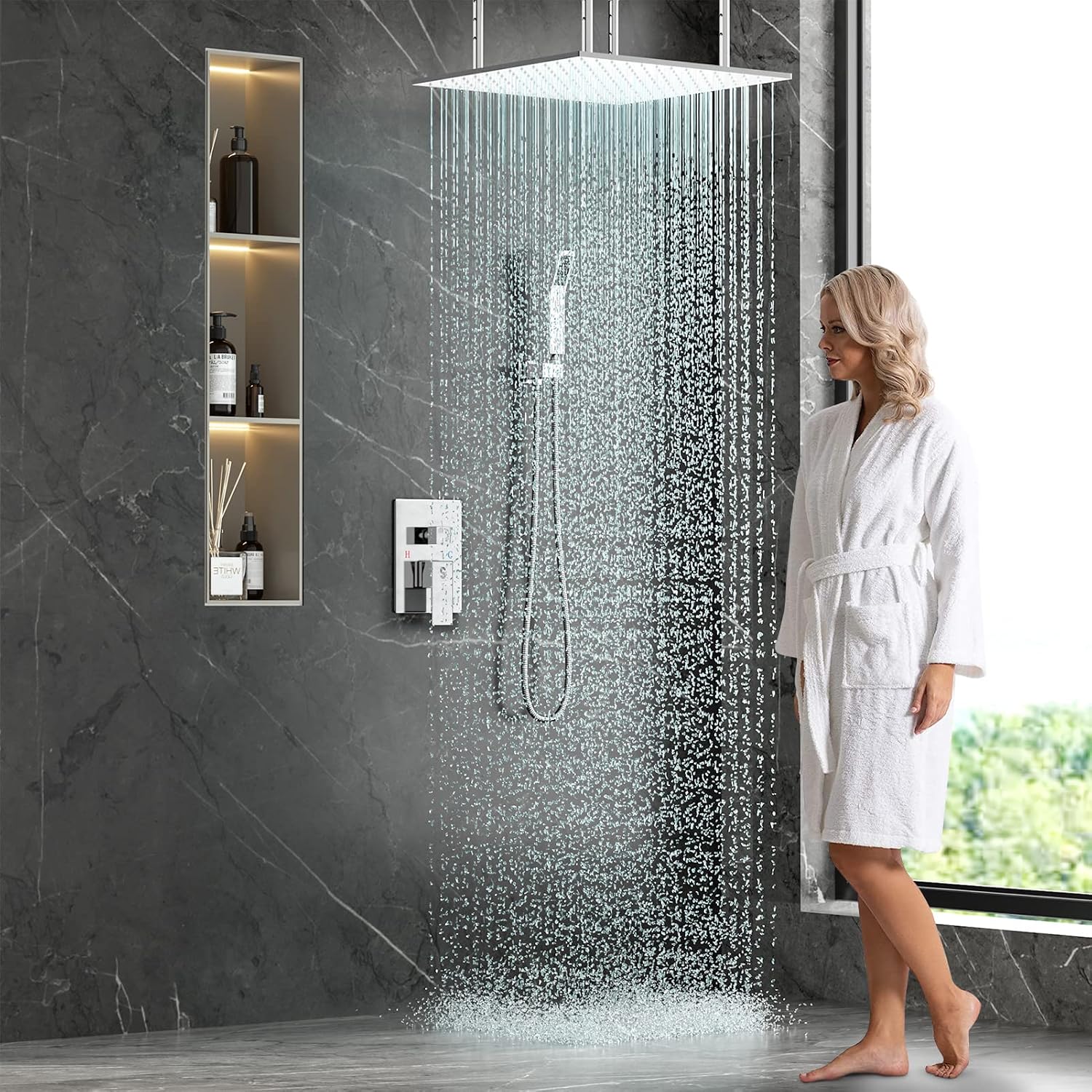 20 Inch Extra Large Full Body Shower System Bathroom Luxury Rain Mixer Shower Combo Set Ceiling Mounted Rainfall Shower Head Faucet Polished Chrome (Contain Shower Faucet Rough-In Valve Body and Trim)
