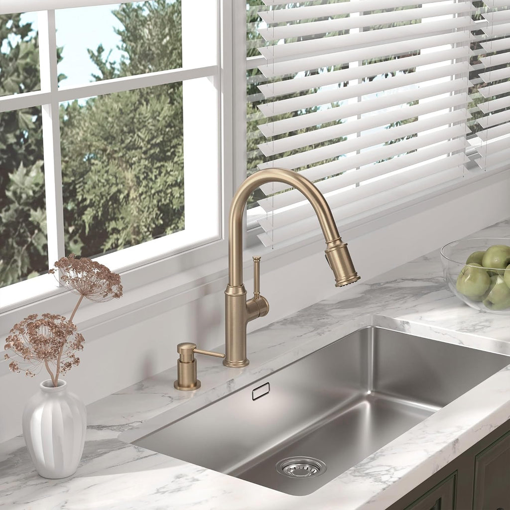 Lava Odoro Champagne Gold Kitchen Faucet with Pull Down Sprayer, Single Handle Kitchen Sink Faucet, Gold Faucet for Kitchen Sink 1 Hole and 3 Hole, Deck Plate Included, KF421-CB
