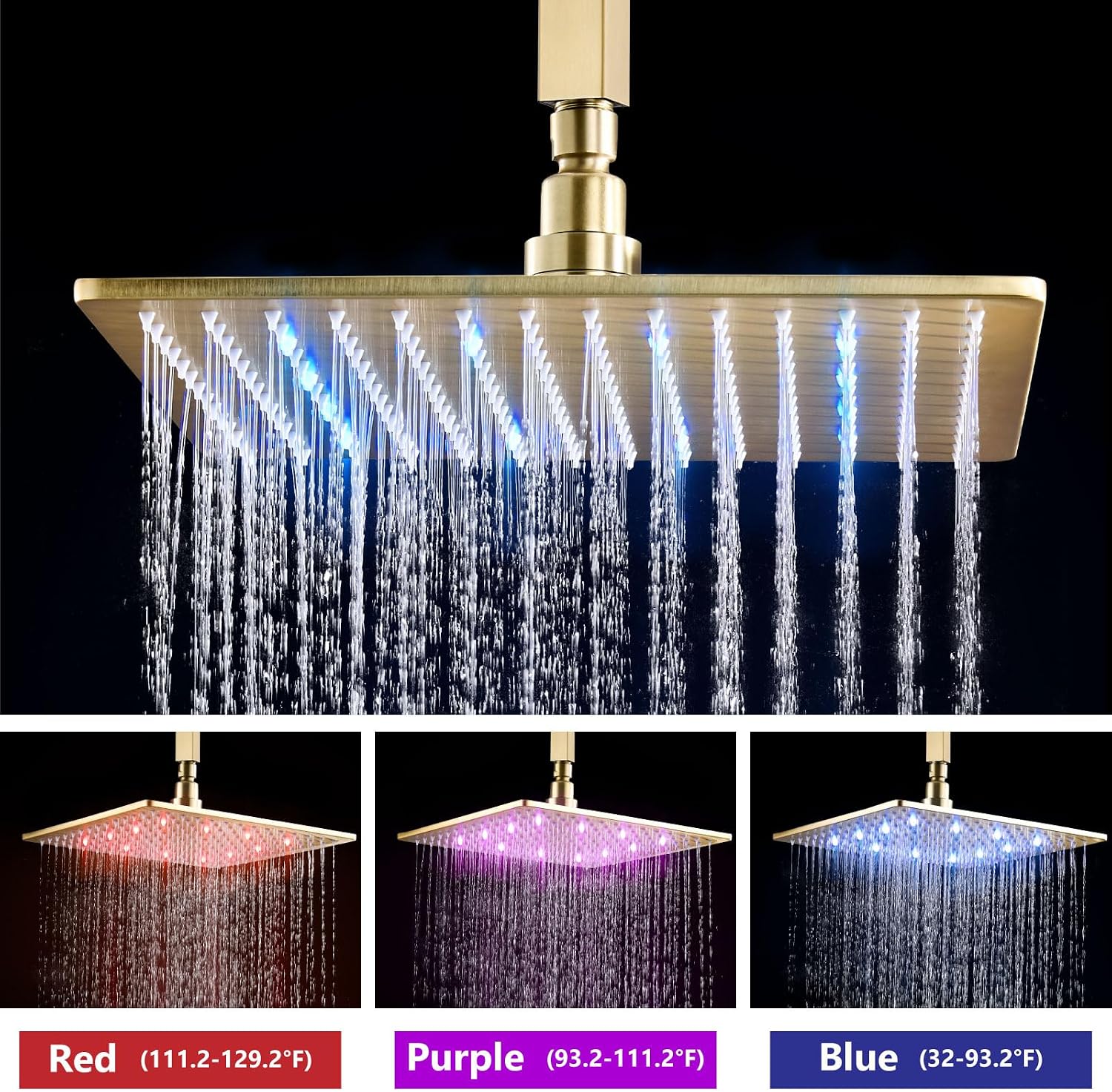 Aolemi Ceiling Mount Shower Faucet Set with Handheld Spray High Pressure Shower Faucets Sets Complete Rough-in Valve and Shower Trim Kit System Included Rainfall Brushed Gold 12 Inch LED Shower Head