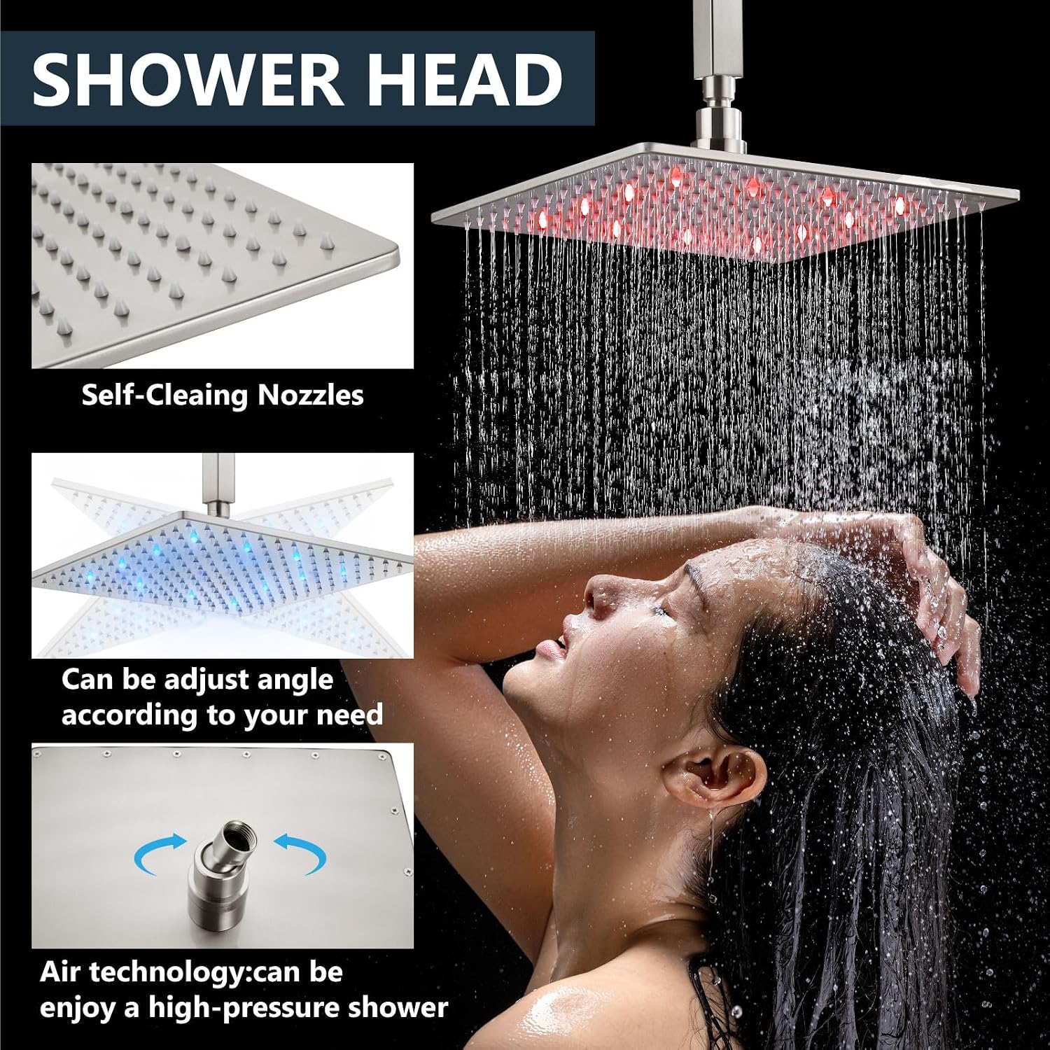 Aolemi Ceiling Mount Shower Faucet Set with Handheld Spray High Pressure Shower Faucets Sets Complete Rough-in Valve and Shower Trim Kit System Included Rainfall Brushed Nickel 12 Inch LED Shower Head