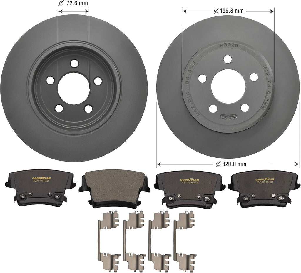 Goodyear | Premium Rear Rotors (2) and Brake Pads (4) for Chrysler 300 (2005-2020); Dodge Challenger (2009-2020); Charger (2006-2020); Magnum (2005-2008).