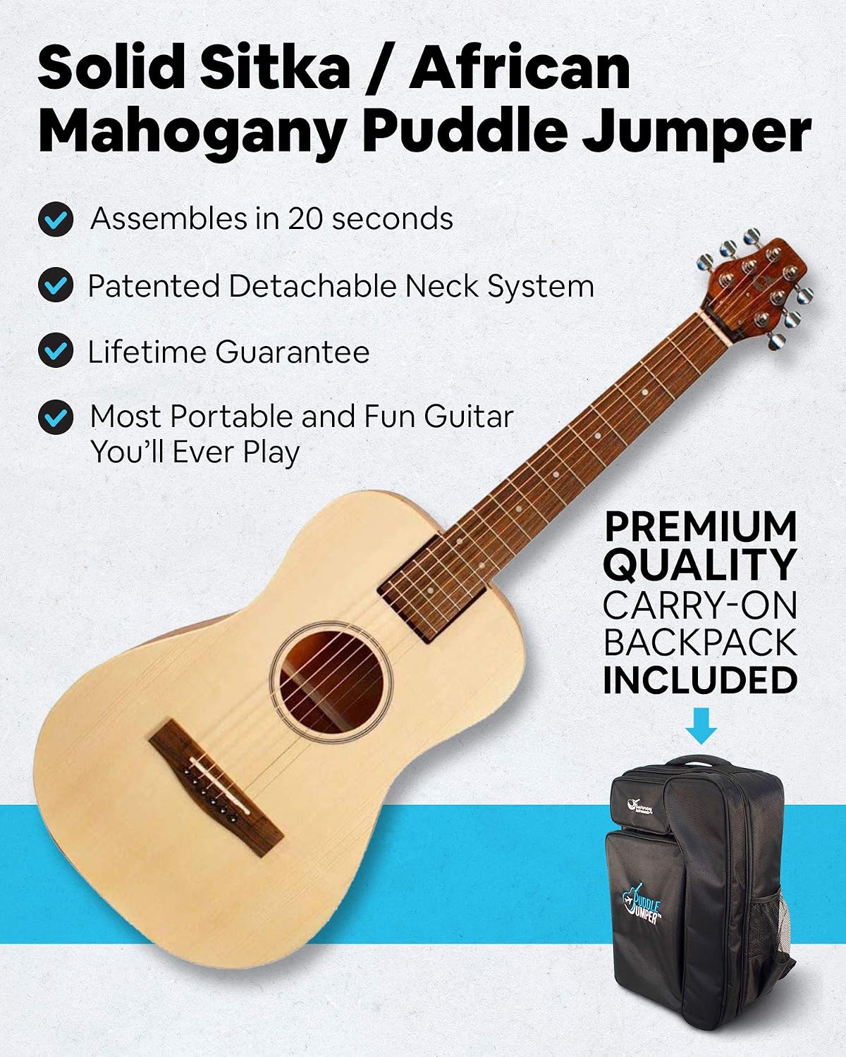 Journey Instruments Solid Sitka Travel Guitar – PJ410N Traveling Acoustic Guitar with Collapsible Patented System + JPBM-13 Phosphor Bronze Nano Coated, High Tensile Yield Wire