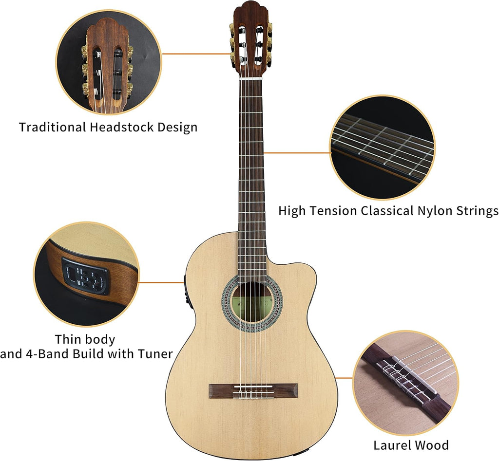 TARIO 39 Inch Electric cutaway Classical Guitar Full Size Acoustic Guitar Thin body Spruce top Mahogany back and sides Okoume neck laurel fingerboard