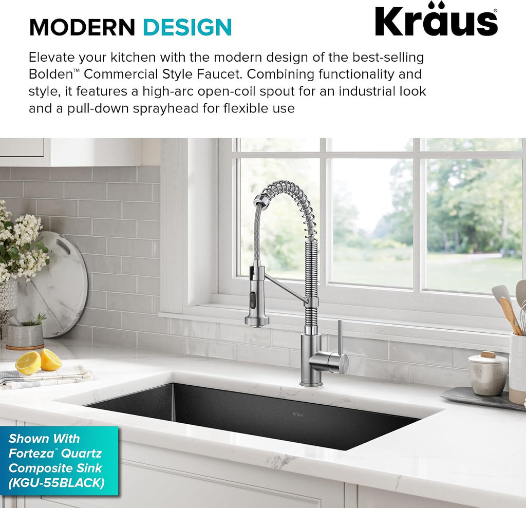 KRAUS Bolden 2-Function Single Handle Pull Down Kitchen Faucet, Commercial Style Stainless Steel/Chrome, KPF-1610SSCH
