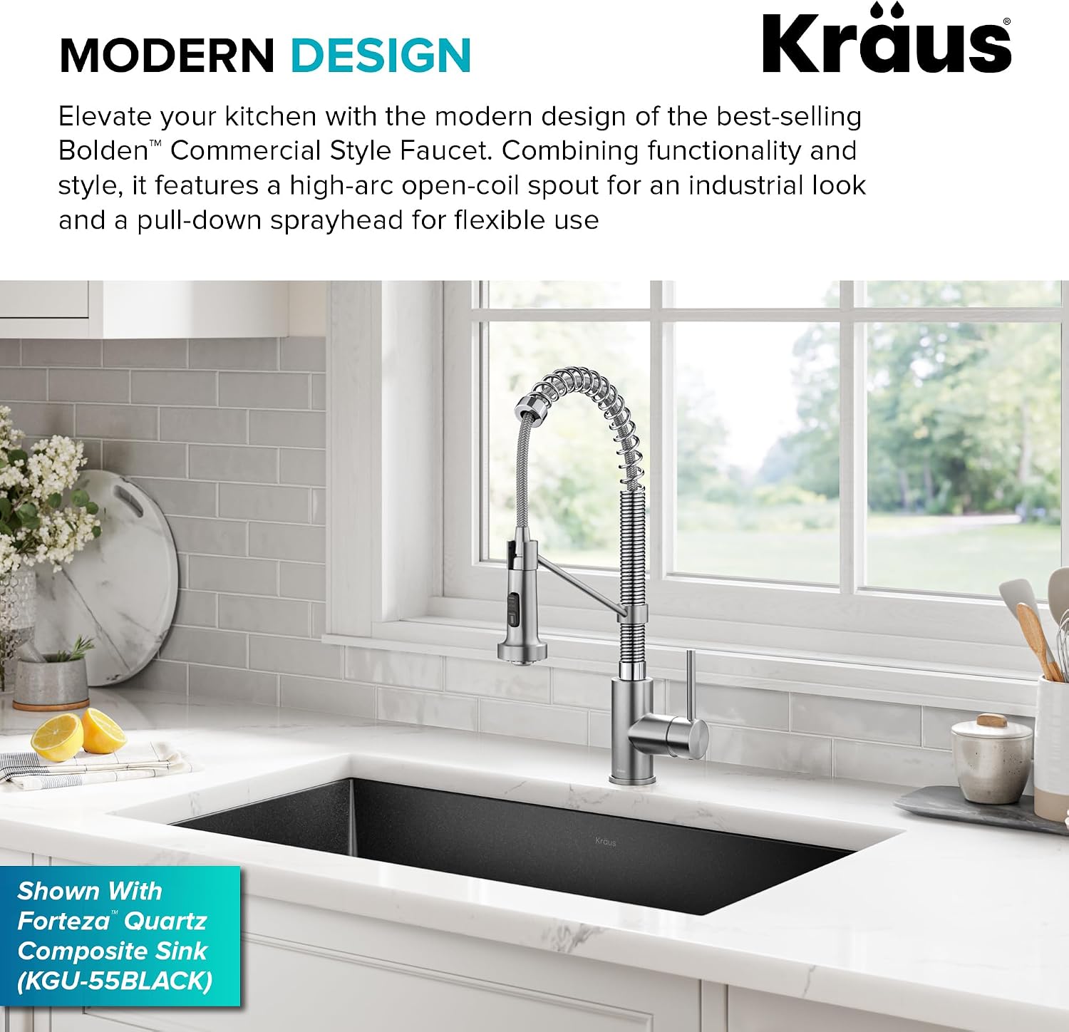 KRAUS Bolden 2-Function Single Handle Pull Down Kitchen Faucet, Commercial Style Stainless Steel/Chrome, KPF-1610SSCH