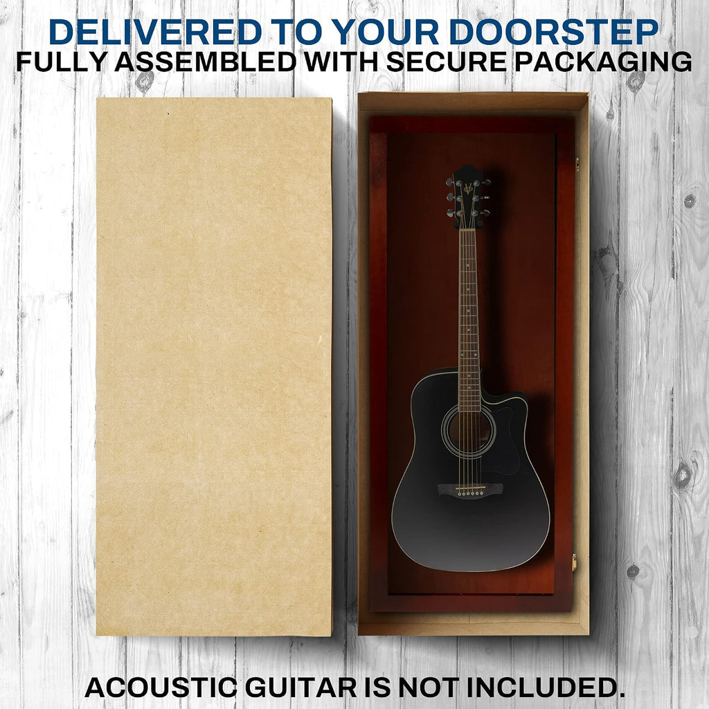PENNZONI Acoustic Guitar Display Case - Acrylic Acoustic Guitar Case - Guitar Display Case Wall Mount Made from Hardwood Frame & Clear Acrylic - Cherry w/No Felt