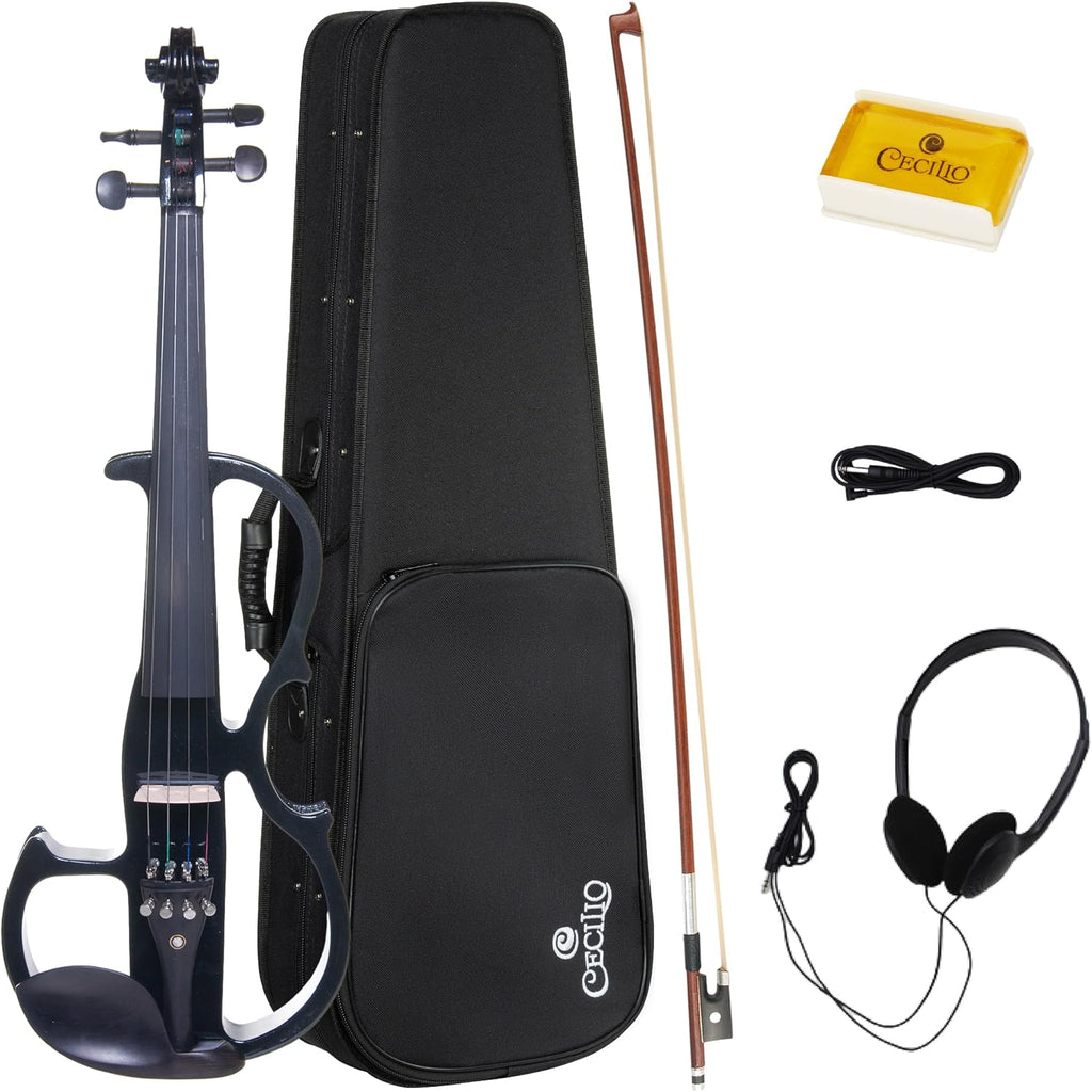 Cecilio Silent Electric Solid Wood Violin Kit with Ebony Fittings, Full Size 4/4 Electric Violin for Beginner and Professional Musicians, Black Metallic