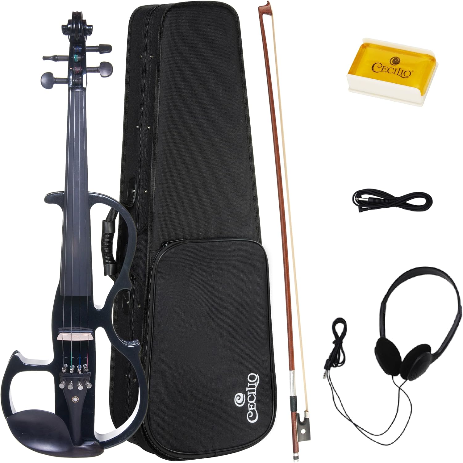 Cecilio Silent Electric Solid Wood Violin Kit with Ebony Fittings, Full Size 4/4 Electric Violin for Beginner and Professional Musicians, Black Metallic