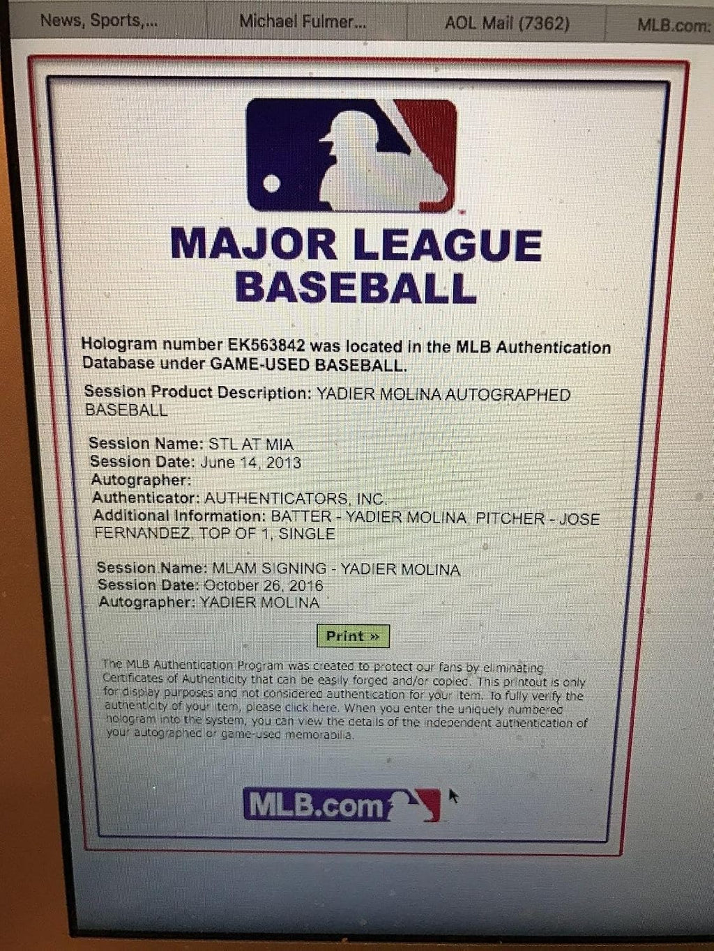 Yadier Molina Signed Rbi Single Thrown By Jose Fernandez-roy Pitced Mlb Holo 1/1 - MLB Game Used Baseballs