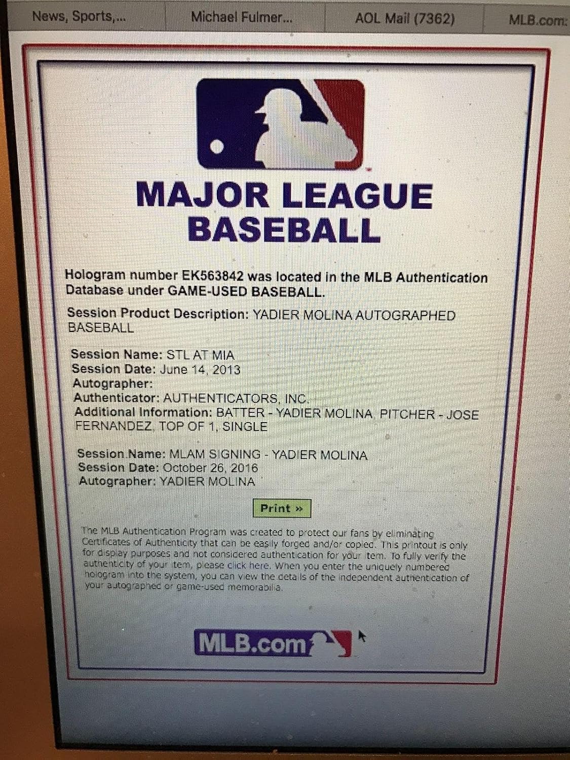 Yadier Molina Signed Rbi Single Thrown By Jose Fernandez-roy Pitced Mlb Holo 1/1 - MLB Game Used Baseballs