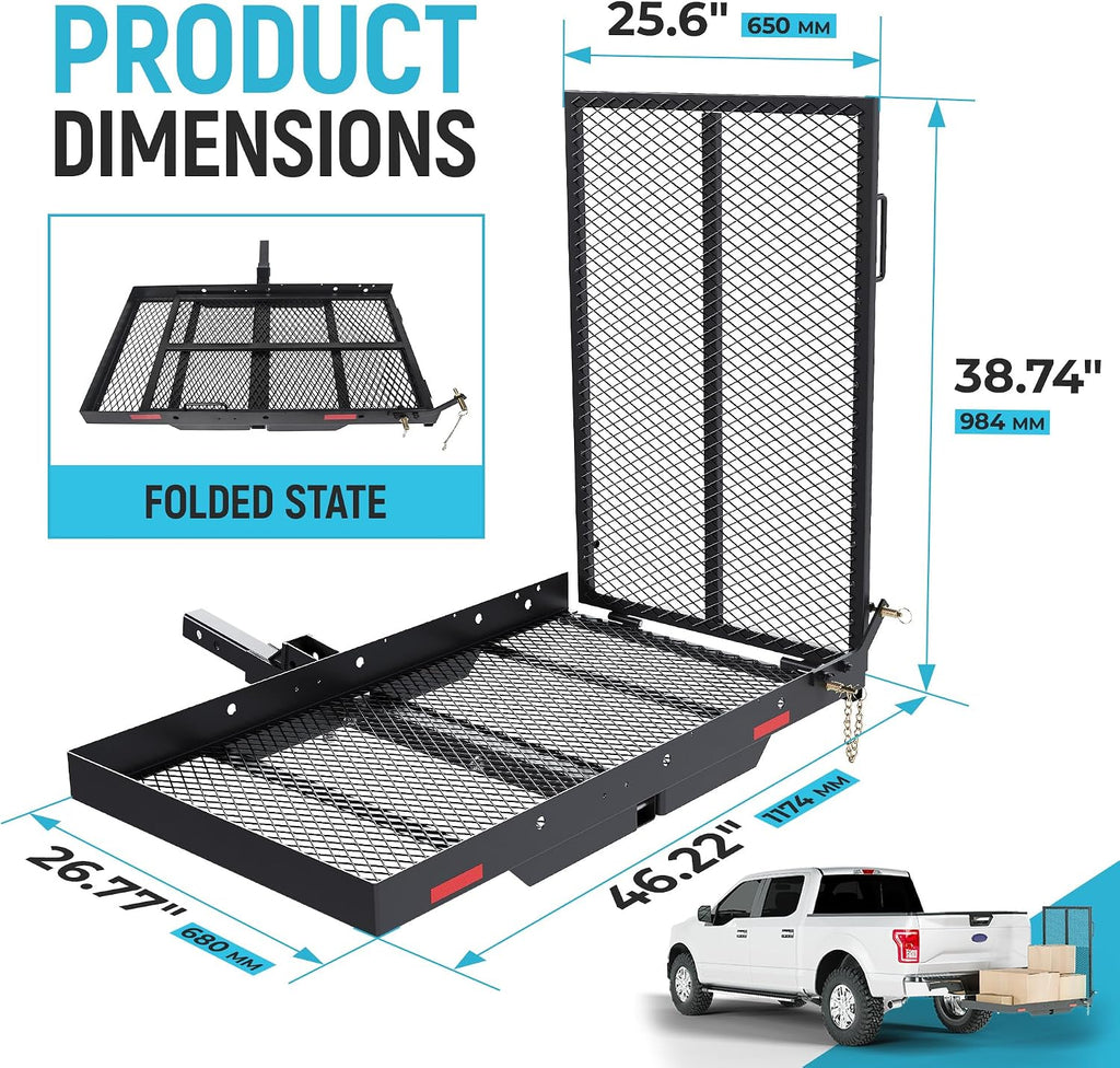 ECOTRIC 46.2 X 26.8 X 38.7 Inch Hitch Cargo Carrier W/Ramp Foldable 500 Lbs Trailer Hitch Mount Steel Wheelchair Carrier Mobility Scooter Ramp 2' Hitch Receiver for Snow Blower SUV Truck Van Car