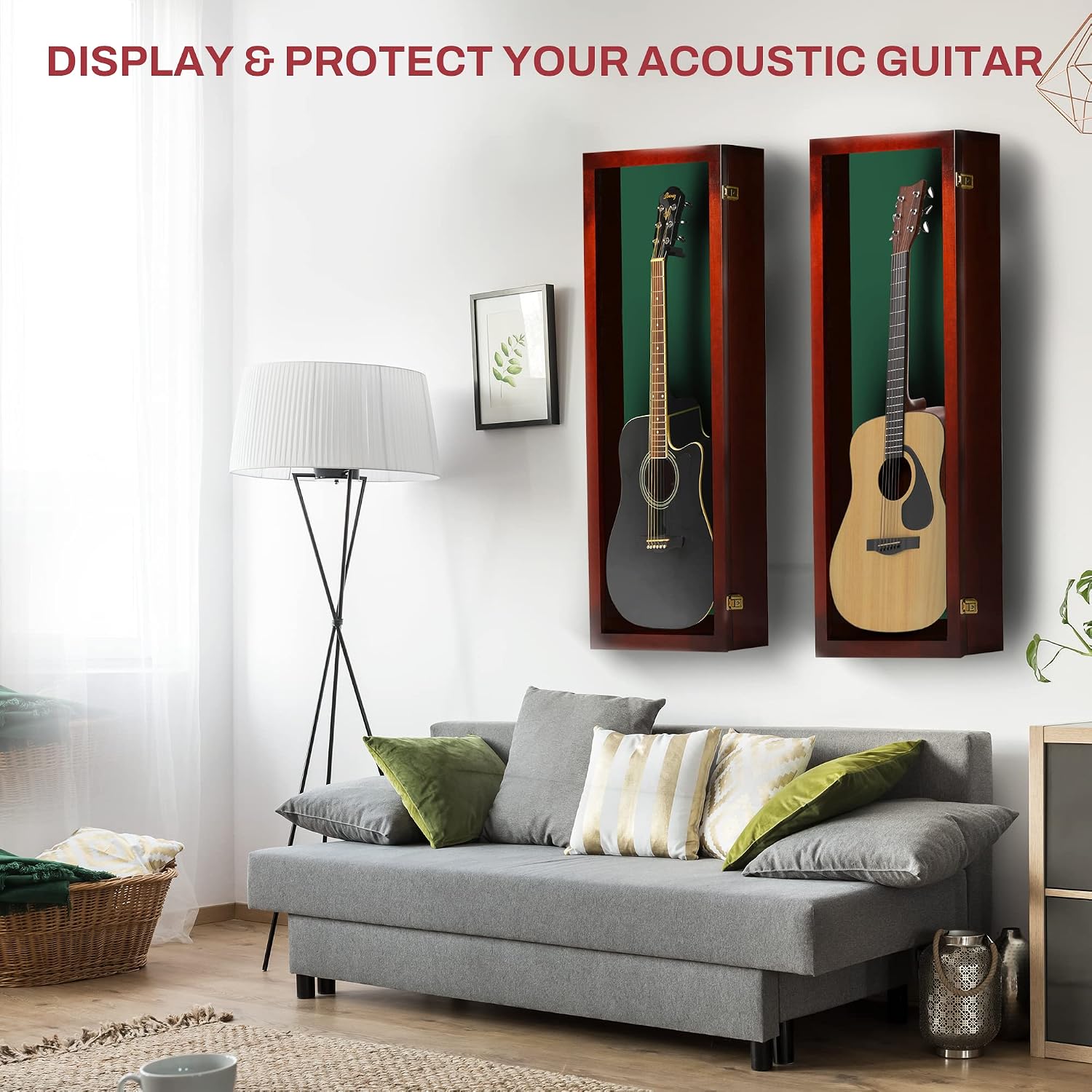 PENNZONI Acoustic Guitar Display Case - Acrylic Acoustic Guitar Case - Guitar Display Case Wall Mount Made from Hardwood Frame & Clear Acrylic - Cherry w/ Felt Green