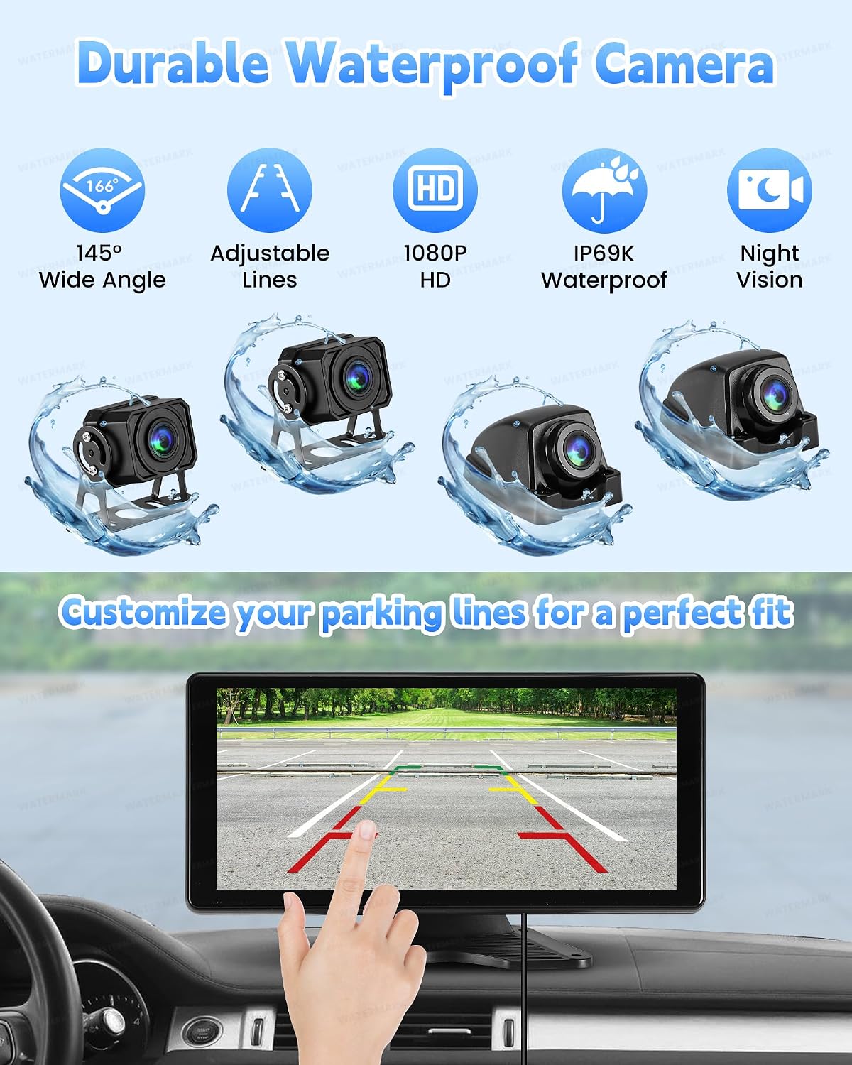 RV Camera System with CarPlay Android Auto 10.36 Inch Touch Monitor | 4 1080P wired IP69 backup cameras, BSD blind spot alert, 24H parking monitor, DVR recording, for semi truck trailer RV camper