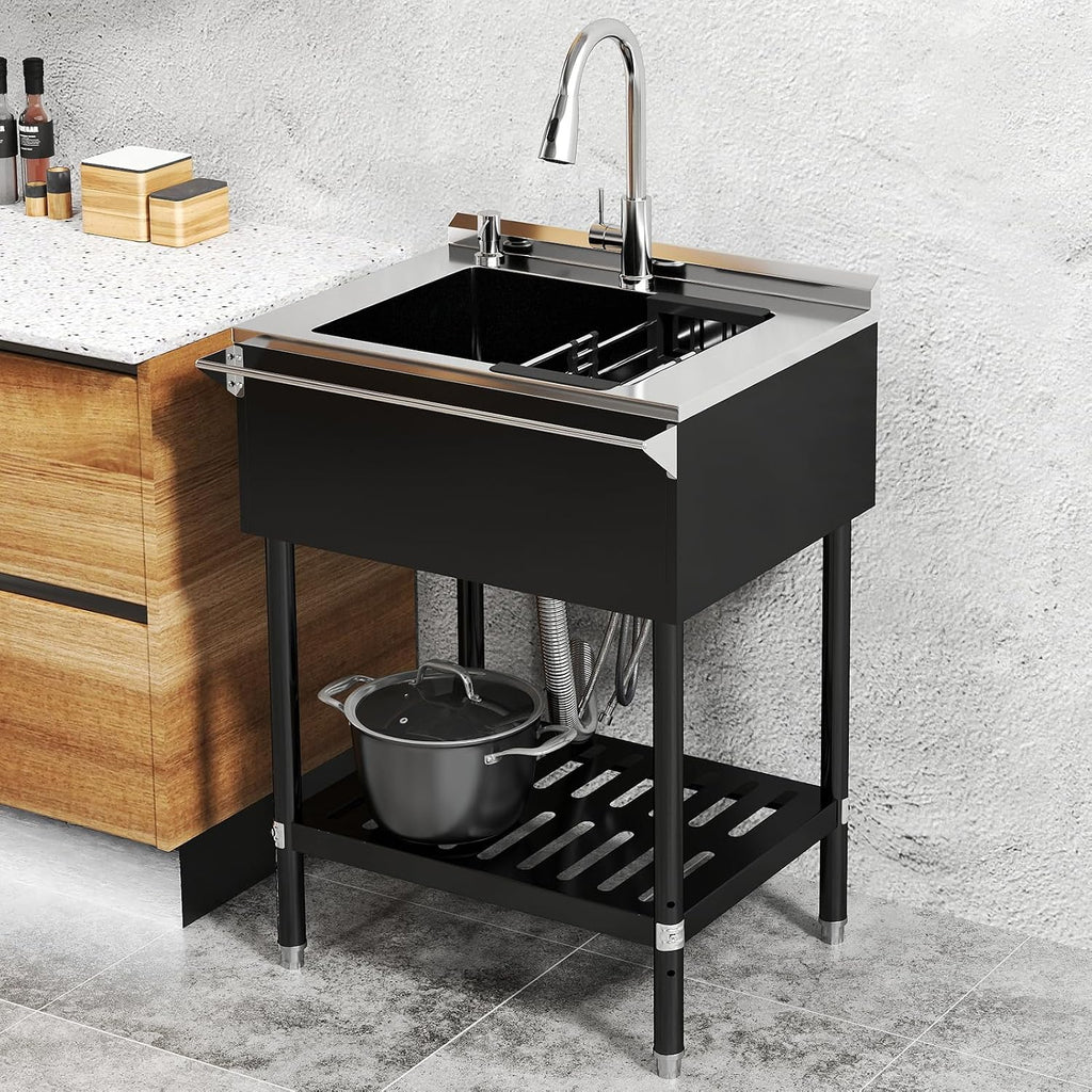 Stainless Steel Utility Sink, 25.6'' Free Standing Single Bowl Sink with Pull-Out Faucet & Cold and Hot Water Pipe & basket, Indoor and Outdoor Sink for Laundry Room, Garage, Kitchen, Black