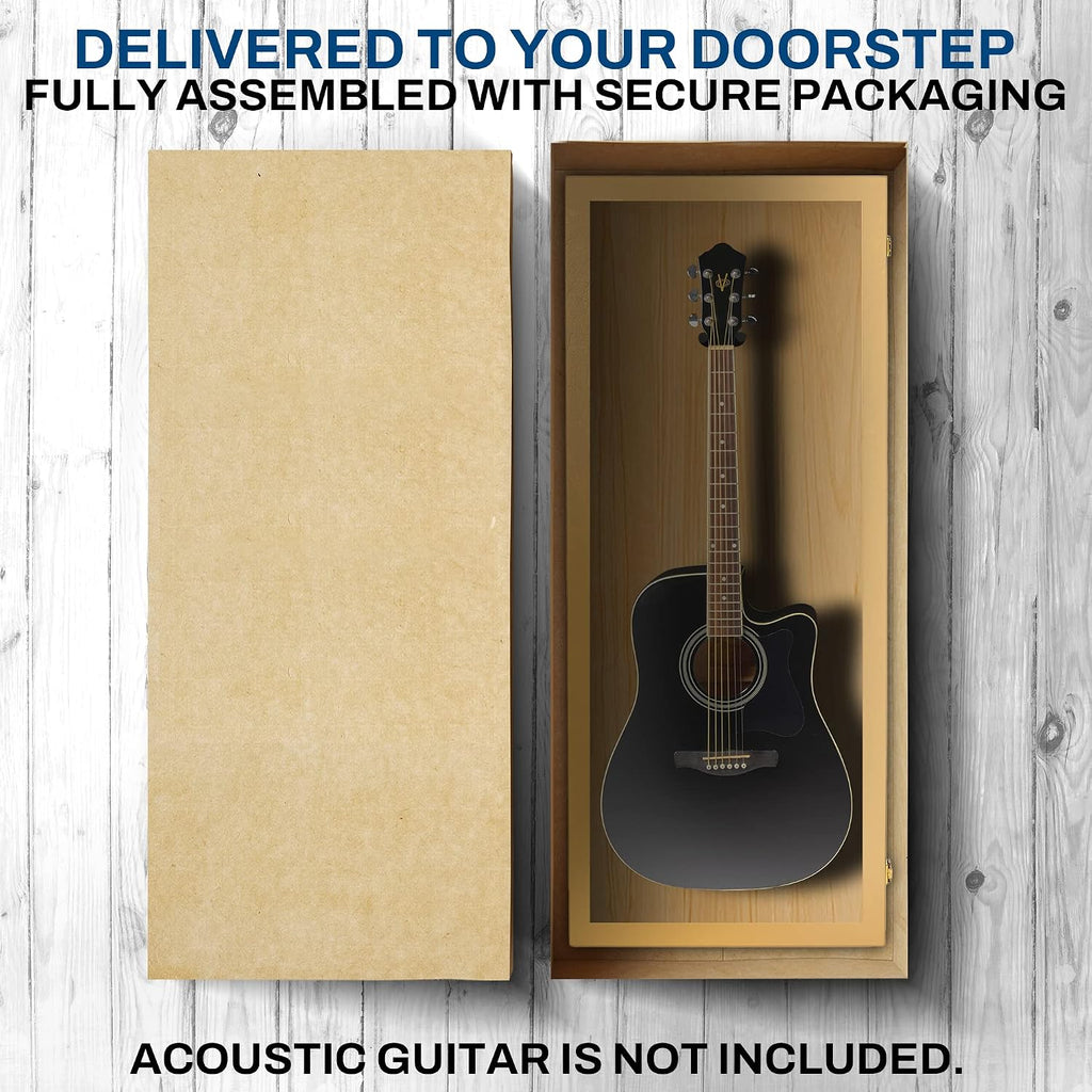 PENNZONI Acoustic Guitar Display Case - Acrylic Acoustic Guitar Case - Guitar Display Case Wall Mount Made from Hardwood Frame & Clear Acrylic - Golden Oak w/No Felt