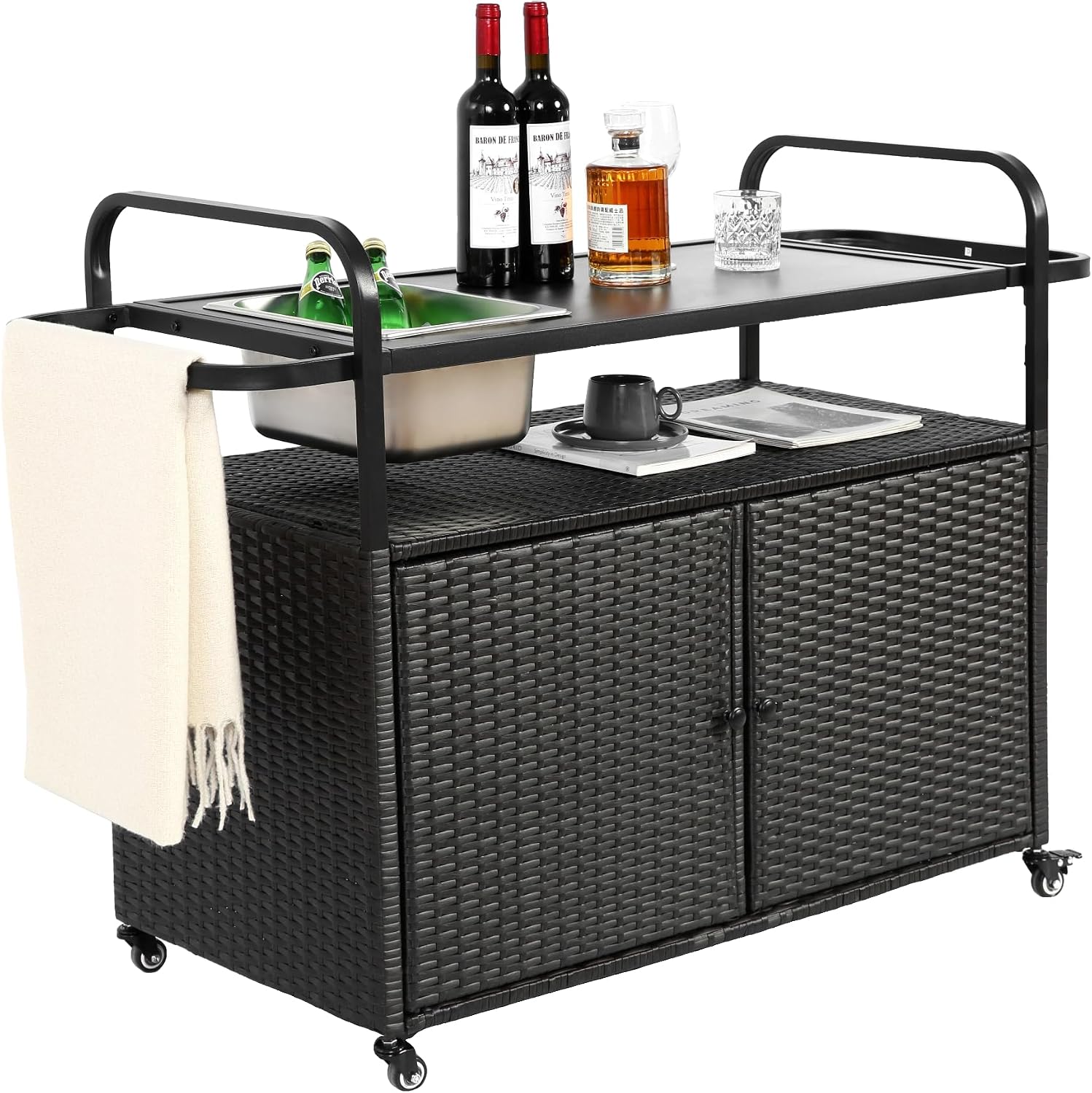 Outdoor Wicker Bar Table, All-Weather Rolling Rattan Bar Cart with Lockable Wheels, Steel Top and Ice Bucket, Outdoor Storage Cabinet Waterproof for Patio, Garden, Poolside, Backyard, Black
