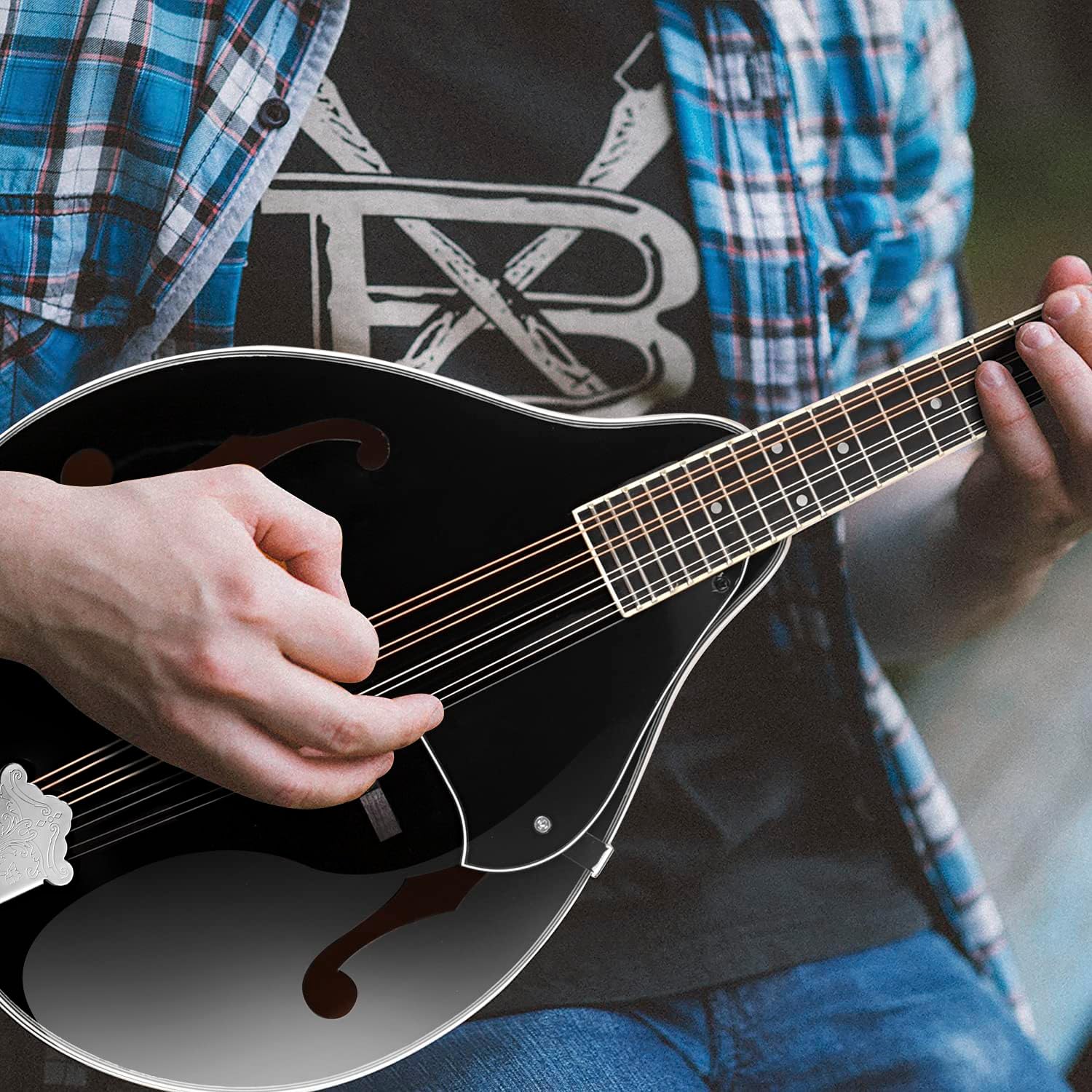 ADM Acoustic Mandolin Instrument Kit Music A Style for Kids Students Adults Wood Mandolins Beginner Set With Bag, Tuner, Pick-up, Strap, Strings, Picks and Hanger, Drak Black