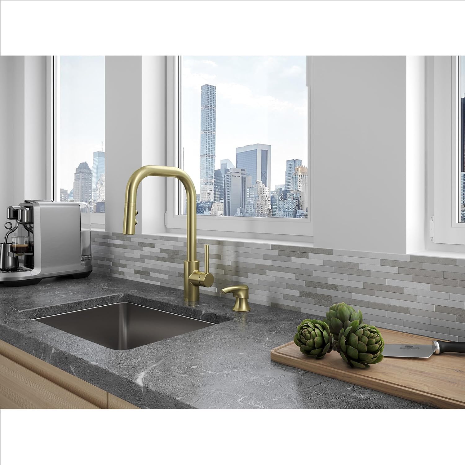 Pfister Zanna Kitchen Faucet with Pull Down Sprayer and Soap Dispenser, Single Handle, High Arc, NSF Certified, Brushed Gold Finish, F5297ZNRBG