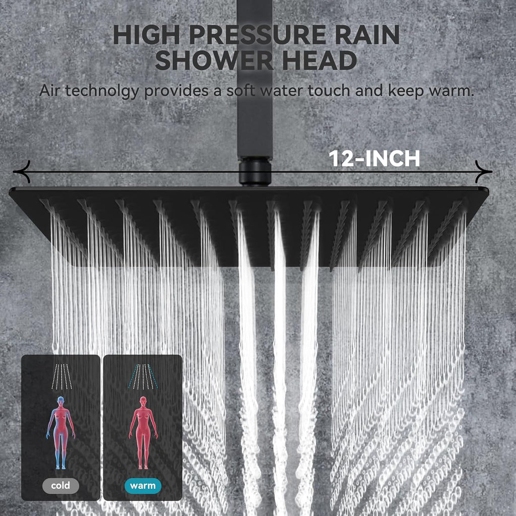 Rain Shower System With Complete 6 Pcs Body Sprays Jets And Pressured Balance Rough-in Valve,12Inch Rainfall Shower Head And Handheld, Modern Matte Black Ceiling Mount Shower Faucets Sets