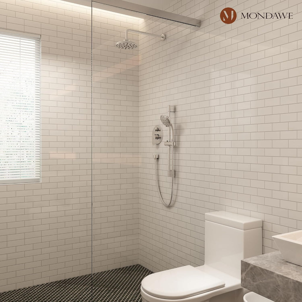 MONDAWE 8 Inch Wall Mounted Shower Faucet Set in Brushed Nickel, Rainfall Shower Head with 3-Setting Handheld Spray Shower Set Combo, High Pressure Shower System with Solid Brass Valve