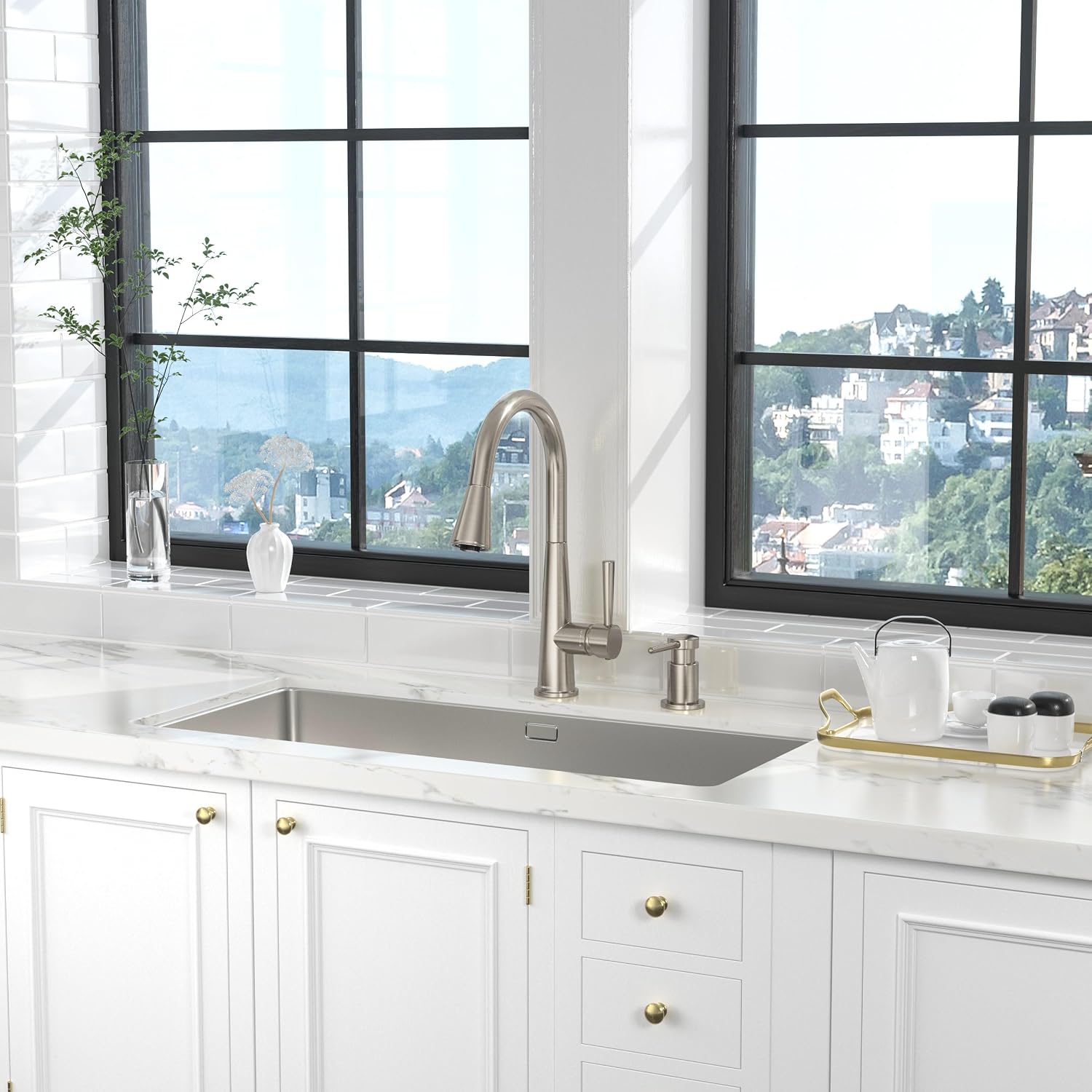 Lava Odoro Montelux Brushed Nickel Kitchen Faucet with Pull Down Sprayer, Single Handle Kitchen Sink Faucet, Faucet for Kitchen Sink with Magnetic Docking Spray Head and Deck Plate, KF321-BN