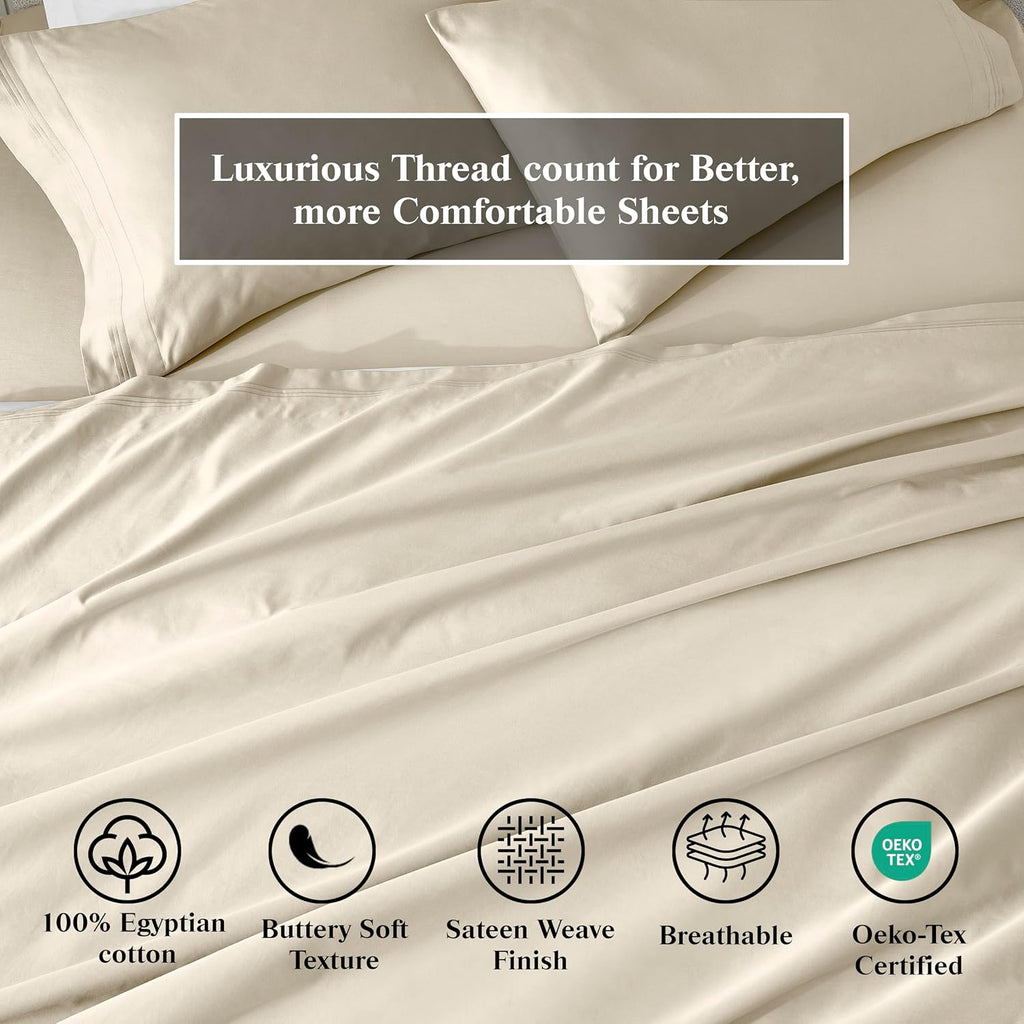 Superior Egyptian Cotton 4 Piece Sheet Set, 650 Thread Count, Modern Design, Sustainable Sheets, Ultra-Soft Basics, Solid, Deep Pocket Fitted Sheet, Flat Sheet, Pillowcases, California King, Ivory