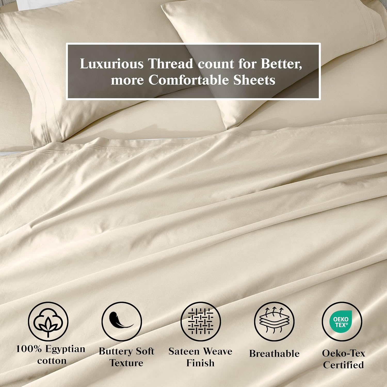Superior Egyptian Cotton 4 Piece Sheet Set, 650 Thread Count, Modern Design, Sustainable Sheets, Ultra-Soft Basics, Solid, Deep Pocket Fitted Sheet, Flat Sheet, Pillowcases, California King, Ivory