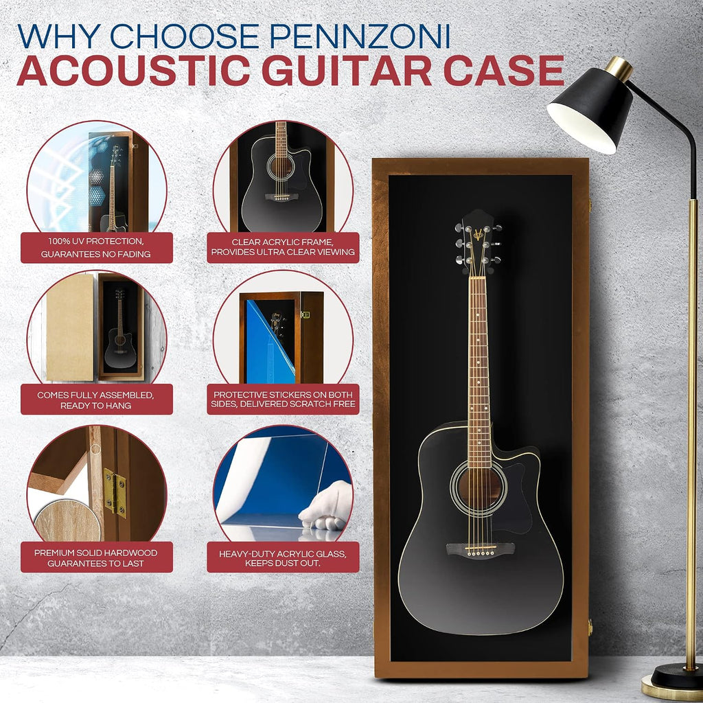 PENNZONI Acoustic Guitar Display Case - Hardwood & Acrylic - Walnut w/Black Felt - Wall Mount