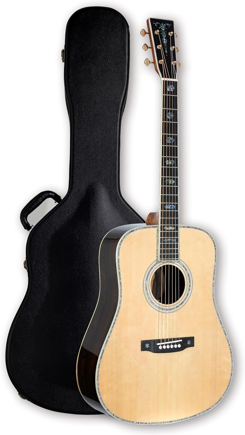 TARIO 41'' Acoustic All Solid Guitar solid A+Sitka Spruce Top Solid Palo Santo Back and Sides Mahogany Neck Including a Wooden Case High Gloss
