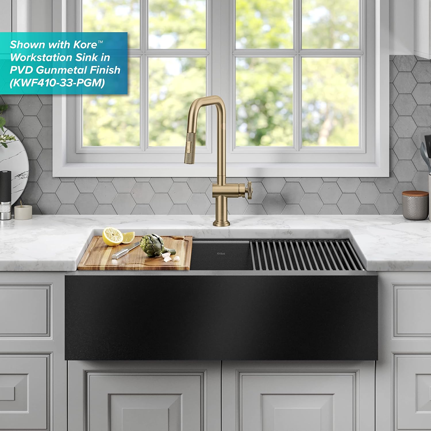 KRAUS Urbix Industrial Pull-Down Single Handle Kitchen Faucet in Brushed Gold, KPF-3126BG
