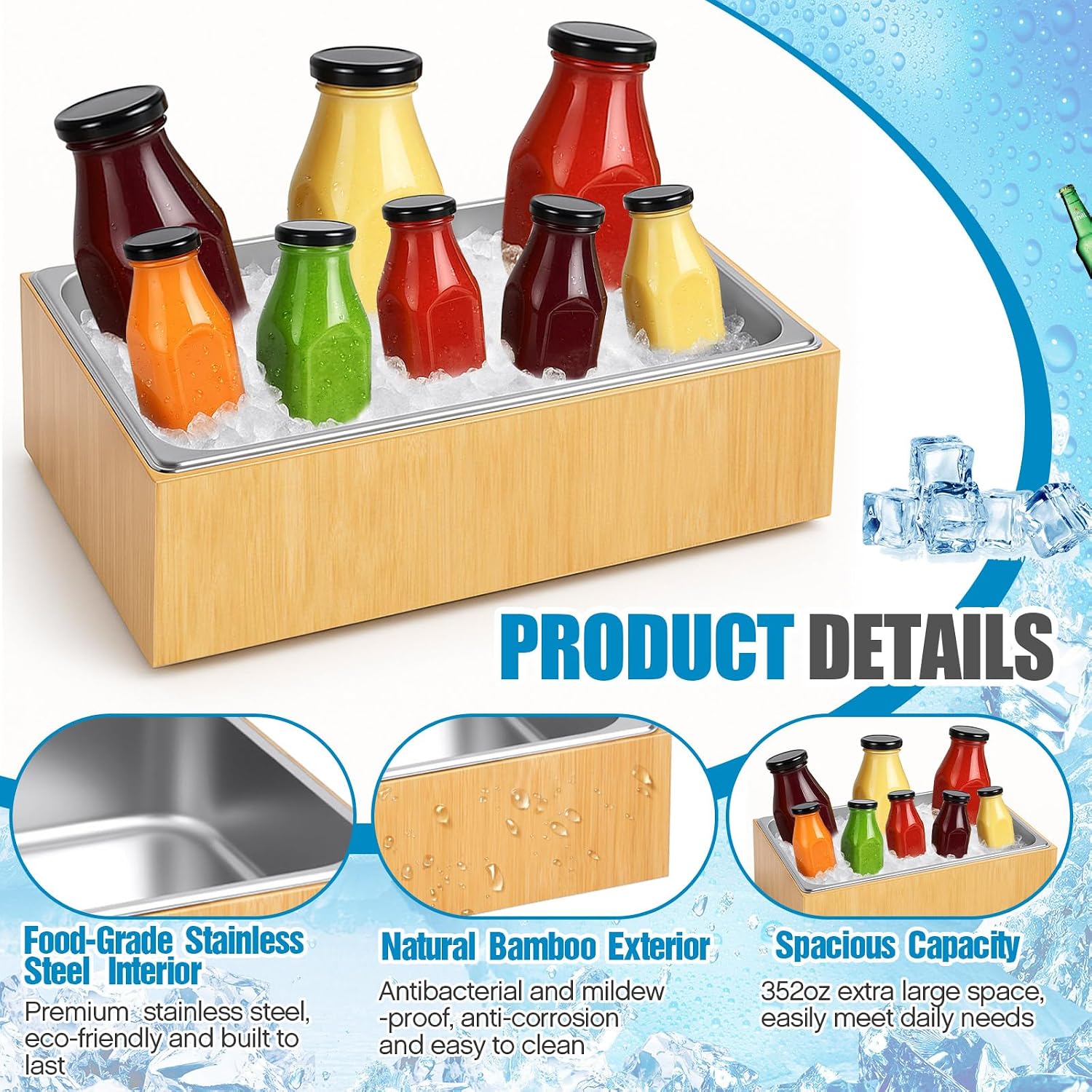 Honeydak Large Ice Housing Bin with Removable Tray Ice Holder Container Wine Beer Champagne Drink Bucket Beverage Tub for Freezer Display Buffet Counter Party Chiller (Bamboo and Steel)