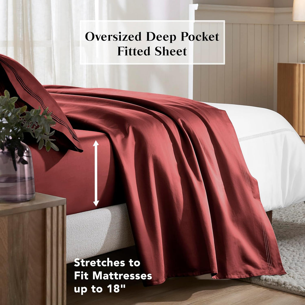 Superior Egyptian Cotton 4 Piece Sheet Set, 650 Thread Count, Eco-Friendly, Sustainable Sheets, Ultra-Soft Basics, Solid, Deep Pocket Fitted Sheet, Flat Sheet, Pillowcases, California King, Burgundy