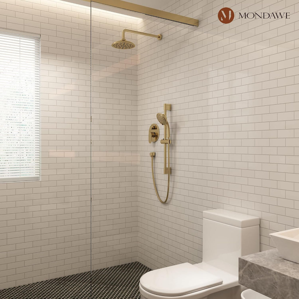MONDAWE 8 Inch Wall Mounted Shower Faucet Set in Brushed Gold, Rainfall Shower Head with 3-Setting Handheld Spray Shower Set Combo, High Pressure Shower System with Solid Brass Valve