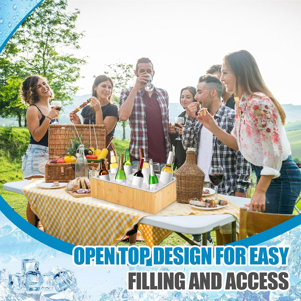 Honeydak Large Ice Housing Bin with Removable Tray Ice Holder Container Wine Beer Champagne Drink Bucket Beverage Tub for Freezer Display Buffet Counter Party Chiller (Bamboo and Steel)
