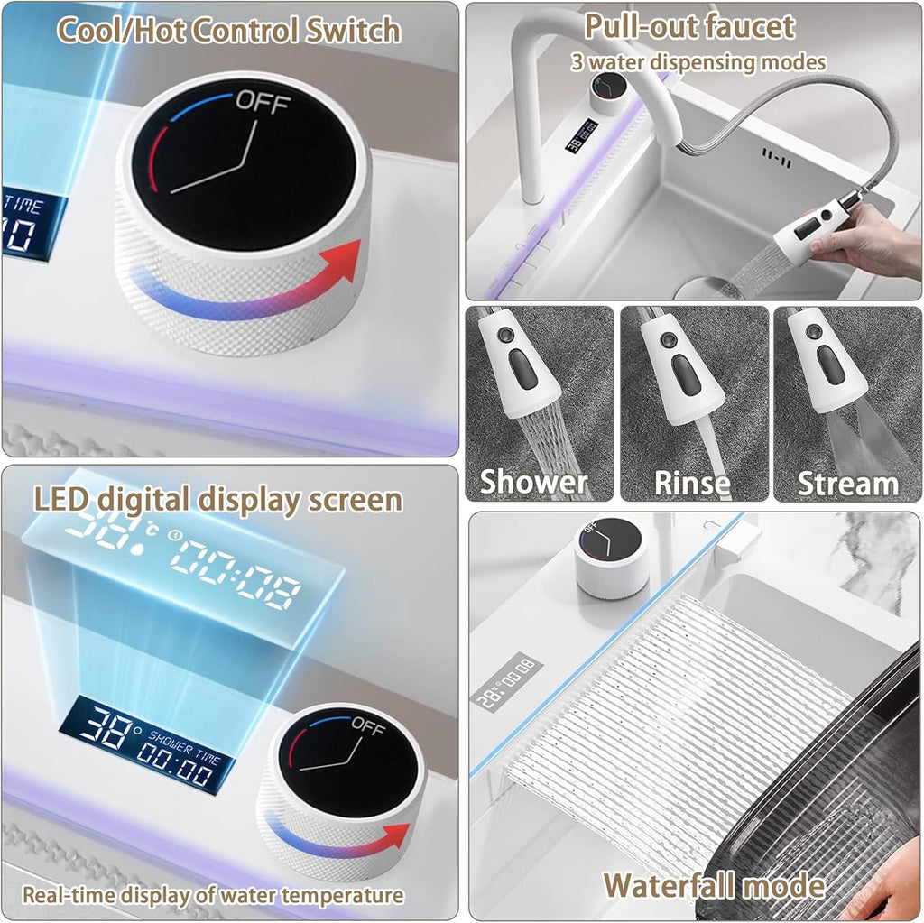 29.5 inch White Smart Digital Display Waterfall Sink, 304 Stainless Steel Modern Kitchen Sink with 5 Water Outlet Modes, Waterfall Pull-Out Faucet, Cup Washers and Accessory Set